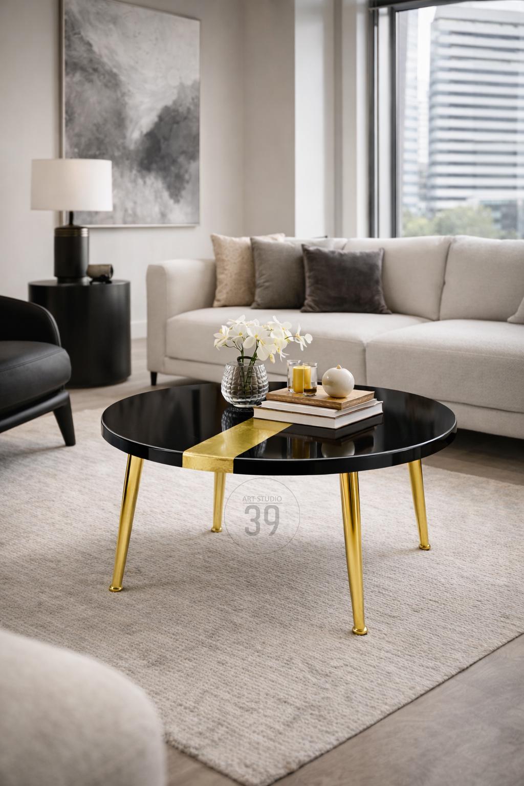 Luxury Black Resin Coffee Table – Gold Leaf Inlay, Contemporary Design