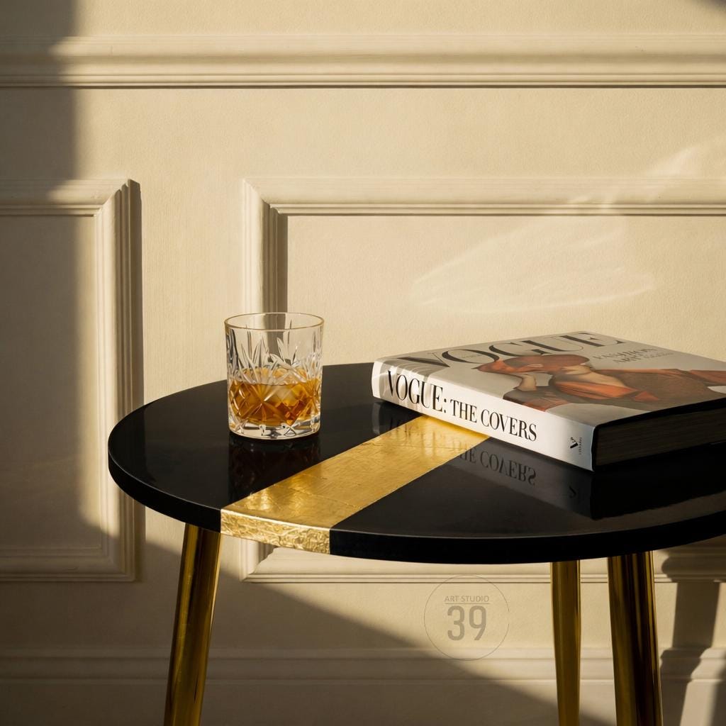 Luxury Black Resin Coffee Table – Gold Leaf Inlay, Contemporary Design