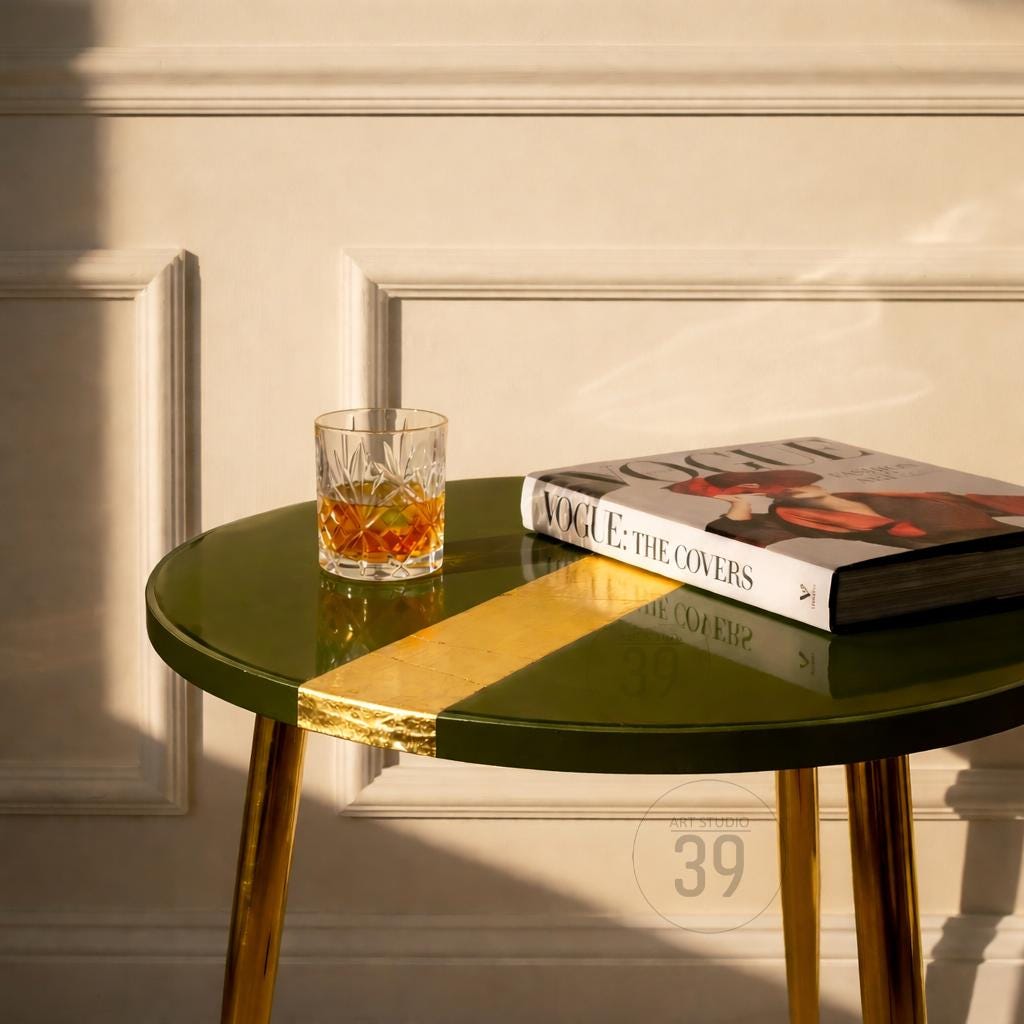 A small, round side table with a green top and gold accents. A glass of amber liquid sits next to a book titled "Vogue: The Covers." The table has gold legs and a gold stripe across the top.