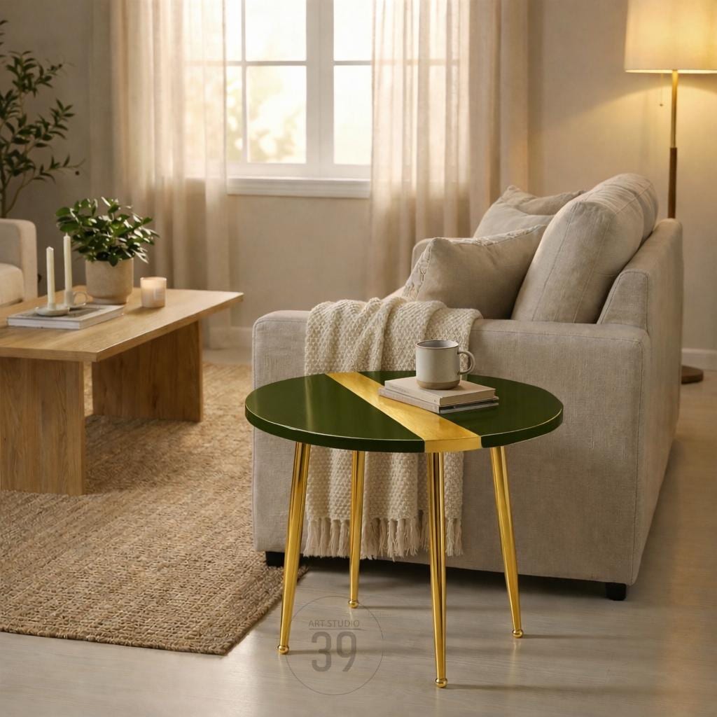 A round side table with a dark green top and a gold stripe. The table has gold legs and is in a living room setting. A mug and books are on the table. The table is approximately 20 inches in diameter.