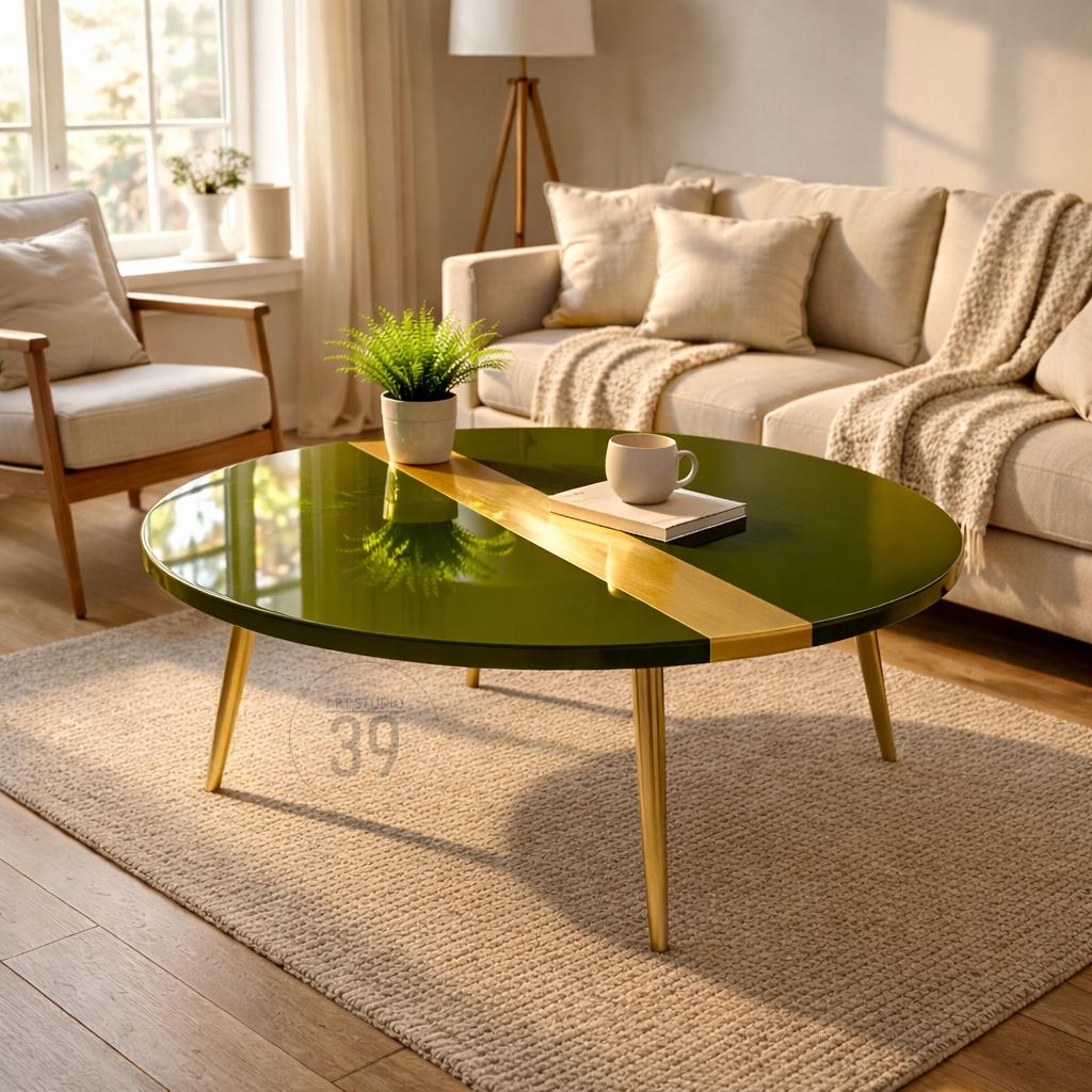 A round, green coffee table with a gold stripe and gold legs. The table has a glossy finish and is set on a beige rug. The number "39" is visible on the rug. A small plant and a cup are on the table.