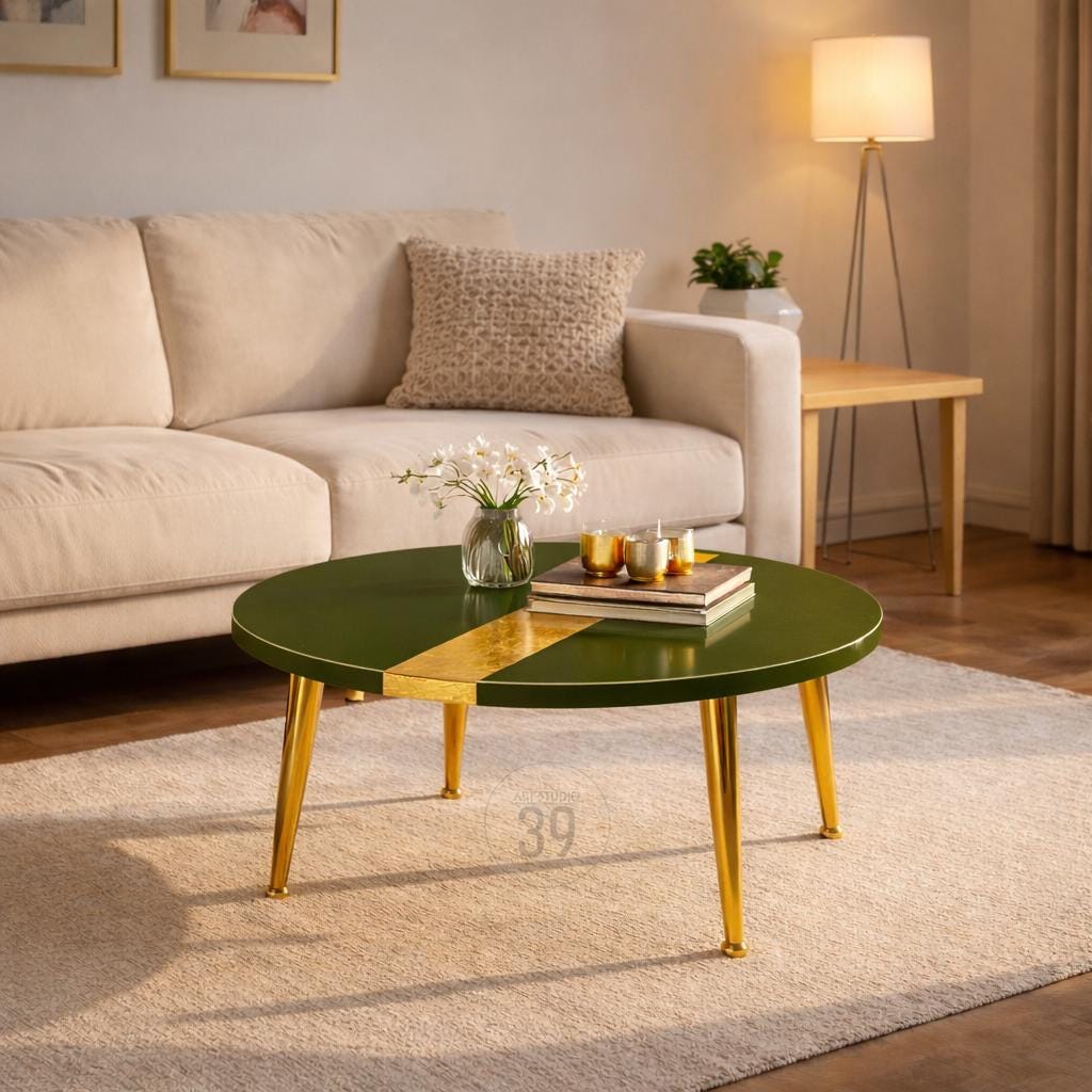 A round coffee table with a dark green top and gold accents. The table has gold-colored legs and is approximately 39 inches in diameter. The table is in a living room setting with a beige sofa and rug.