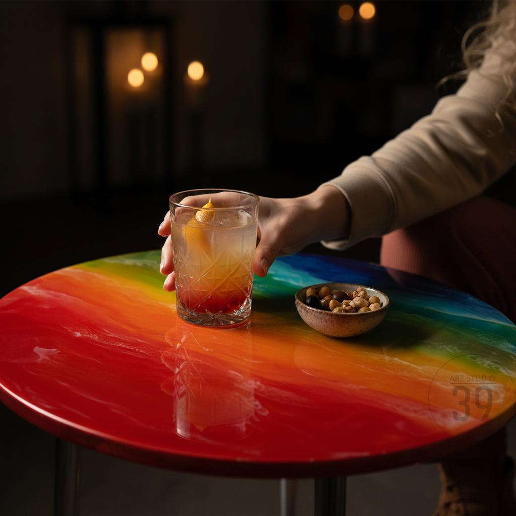 A round table with a vibrant rainbow-colored epoxy resin top. A clear glass with a cocktail and a small bowl of nuts sit on the table. The table has a glossy finish and a metal base.