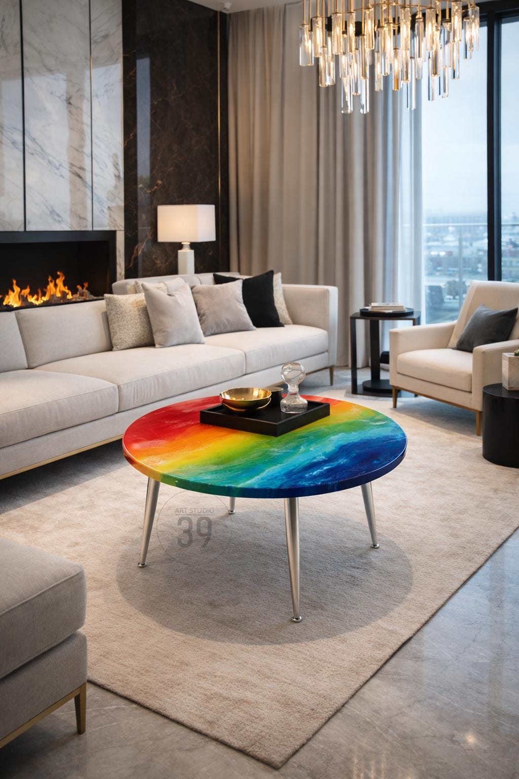 A modern living room features a rainbow-colored coffee table with silver legs. The table's surface displays a vibrant spectrum of colors, from red to blue, resembling an abstract painting. A black tray with a gold bowl and glass decor sits on top. The text "ART STUDIO 39" is visible.
