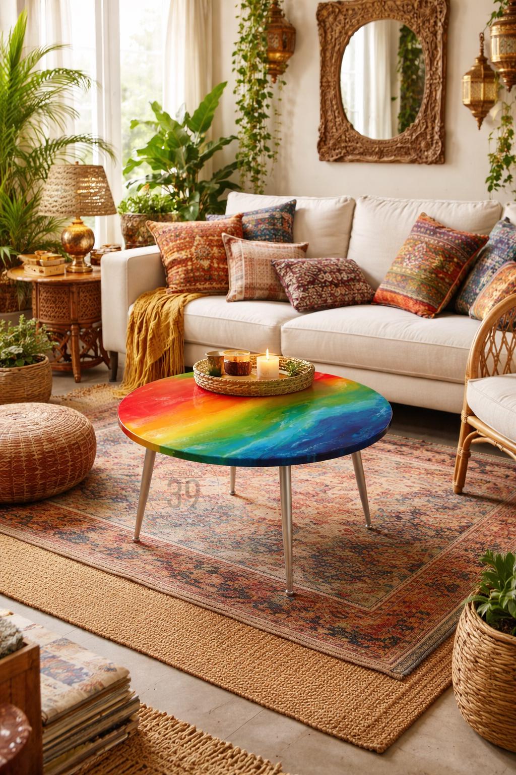 A living room scene featuring a white sofa with patterned pillows, a rainbow-colored round coffee table with silver legs, and a patterned rug. The room is decorated with plants, a woven lamp, and a mirror.