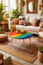A living room scene featuring a white sofa with patterned pillows, a rainbow-colored round coffee table with silver legs, and a patterned rug. The room is decorated with plants, a woven lamp, and a mirror.