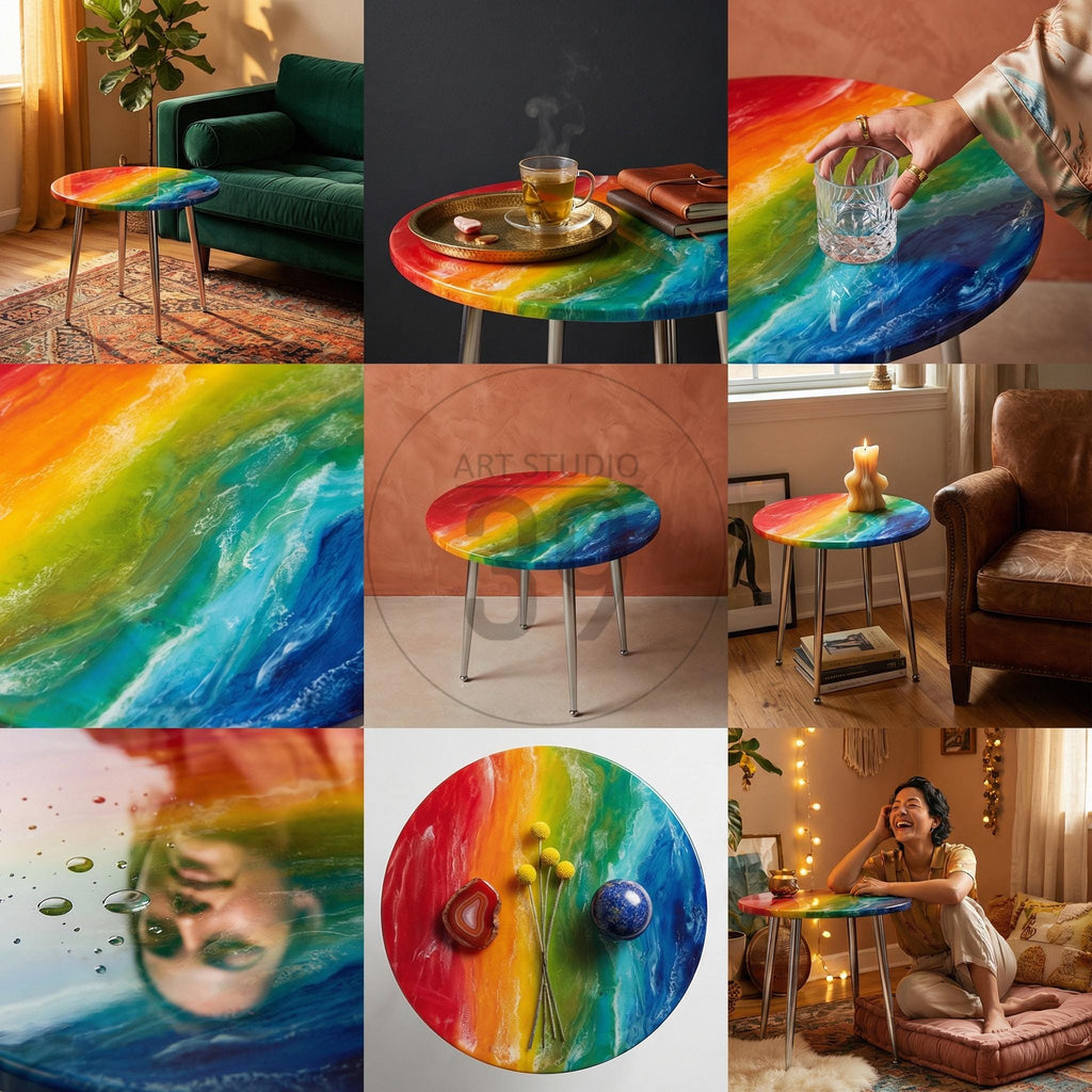 A rainbow-colored side table with a round top and three silver legs. The table's surface features a vibrant blend of colors, including red, orange, yellow, green, blue, and purple. The table is approximately 18 inches in diameter and 20 inches tall.