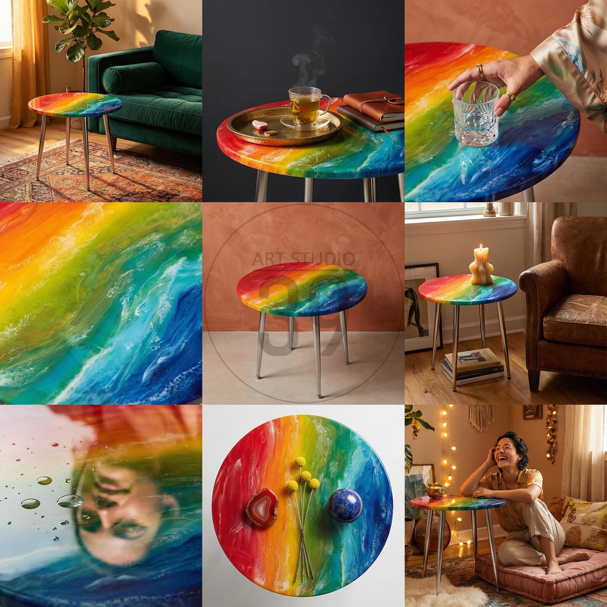A rainbow-colored side table with a round top and three silver legs. The table's surface features a vibrant blend of colors, including red, orange, yellow, green, blue, and purple. The table is approximately 18 inches in diameter and 20 inches tall.