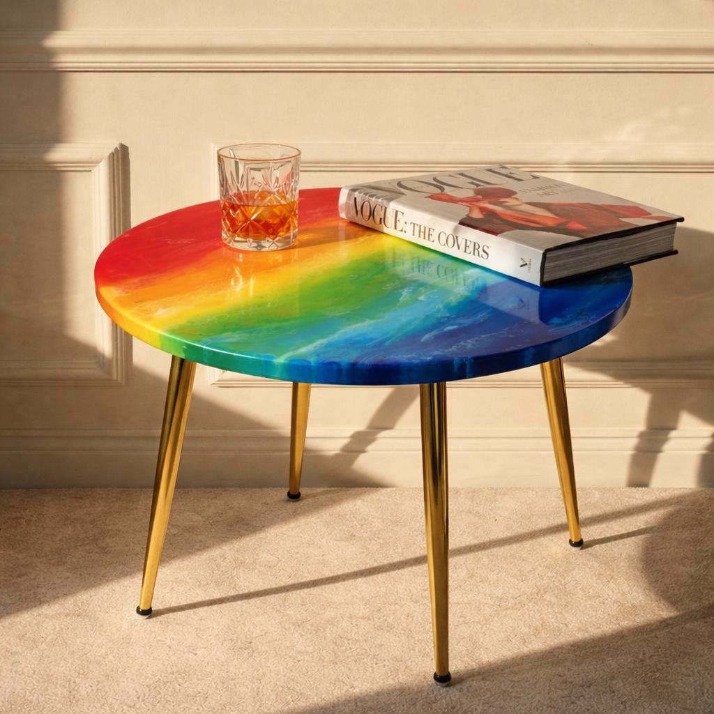 A round side table with a rainbow-colored top and gold legs. A glass of amber liquid and a book titled "Vogue: The Covers" rest on the table. The table's diameter is approximately 24 inches.