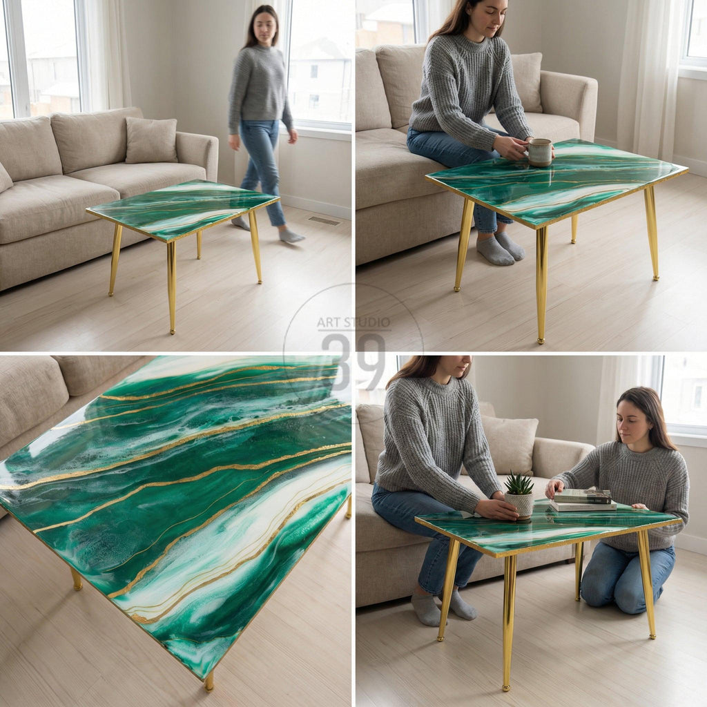 A rectangular coffee table with a green and white marbled design and gold accents. The table has gold-colored legs. The table is in a living room setting.