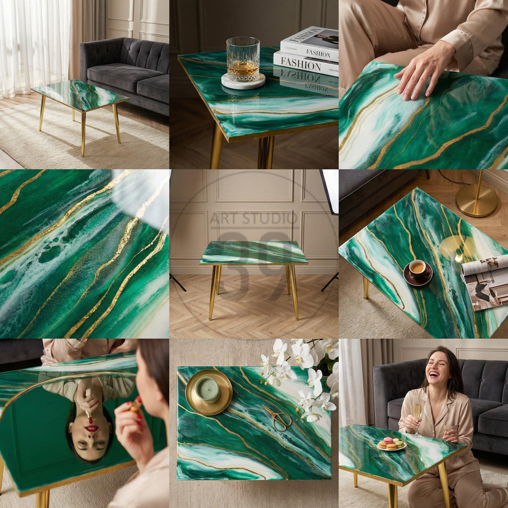 A square coffee table with a green and gold marbled design. The table has a glossy finish and gold-colored legs. The table is approximately 30 inches long and wide, and 16 inches tall.
