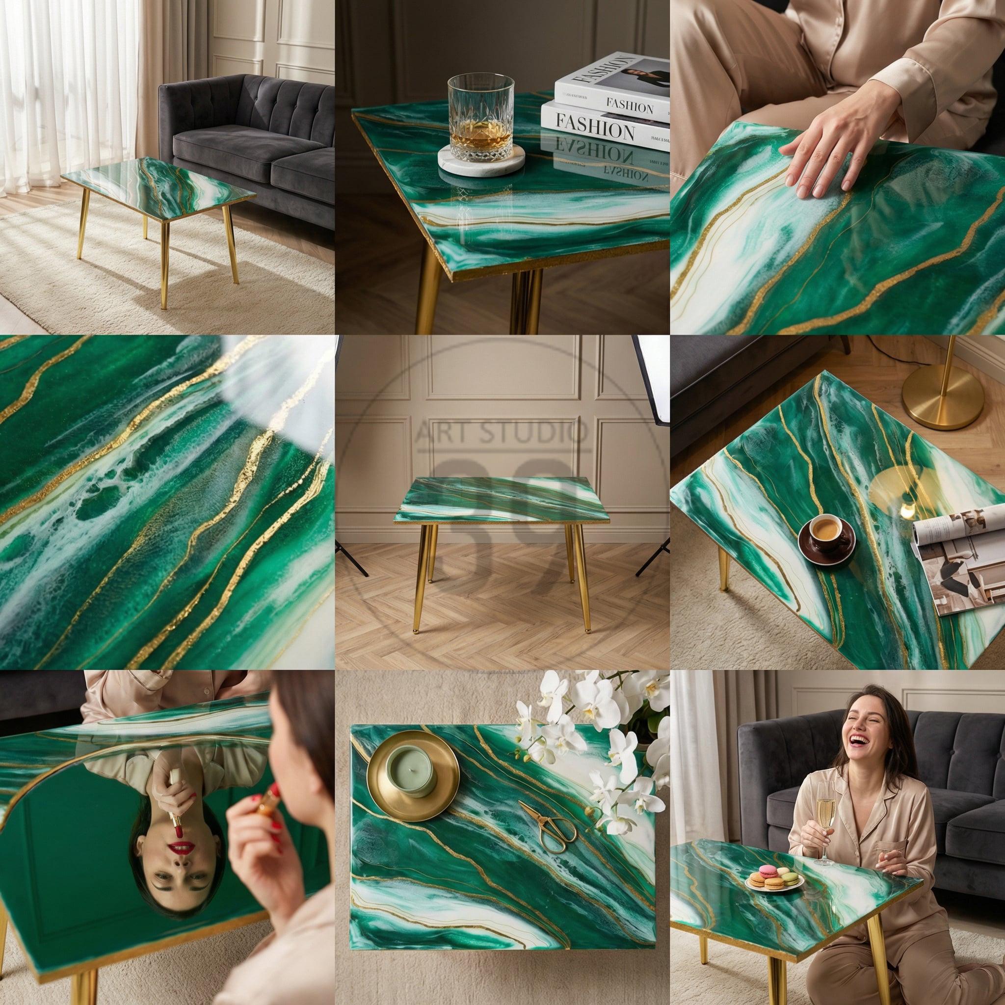 A square coffee table with a green and gold marbled design. The table has a glossy finish and gold-colored legs. The table is approximately 30 inches long and wide, and 16 inches tall.