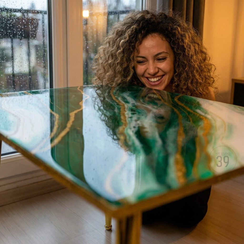 A rectangular coffee table with a glossy green and gold resin top. The table has gold-colored legs and a matching gold trim around the edges. The table is indoors, near a window.