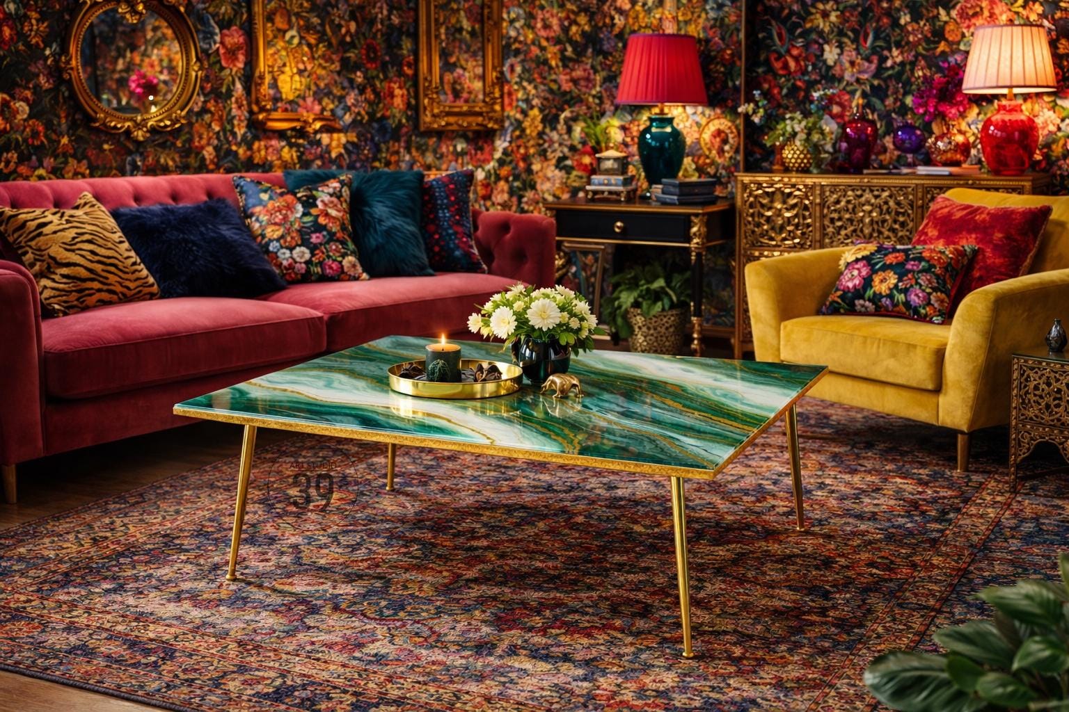 A living room scene featuring a red sofa with patterned pillows, a yellow armchair, and a green and gold coffee table. The room has floral wallpaper, a patterned rug, and decorative lamps.