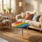 A round coffee table with a rainbow-colored top and silver legs. The table's surface features a vibrant blend of colors, resembling a watercolor painting. The number "39" is printed on the table. The table is 39 inches in diameter.