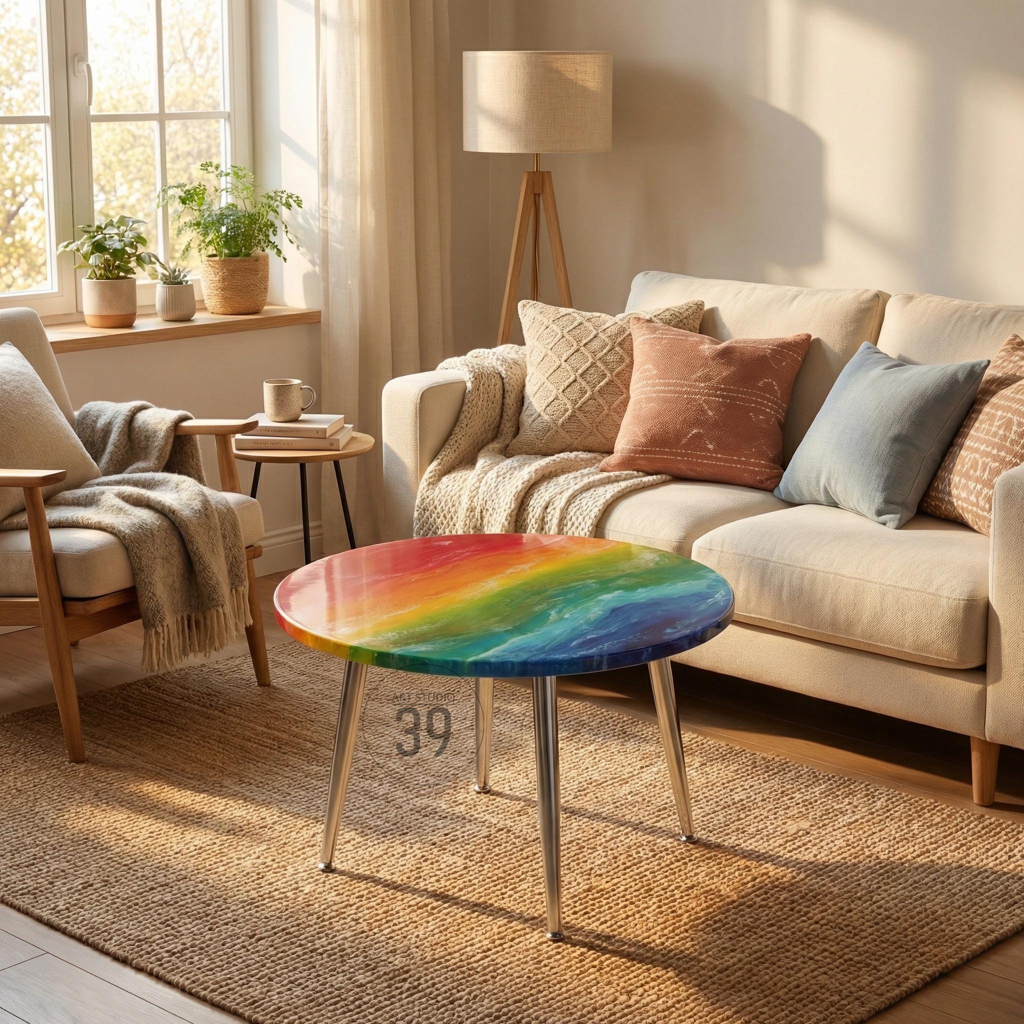A round coffee table with a rainbow-colored top and silver legs. The table's surface features a vibrant blend of colors, resembling a watercolor painting. The number "39" is printed on the table. The table is 39 inches in diameter.