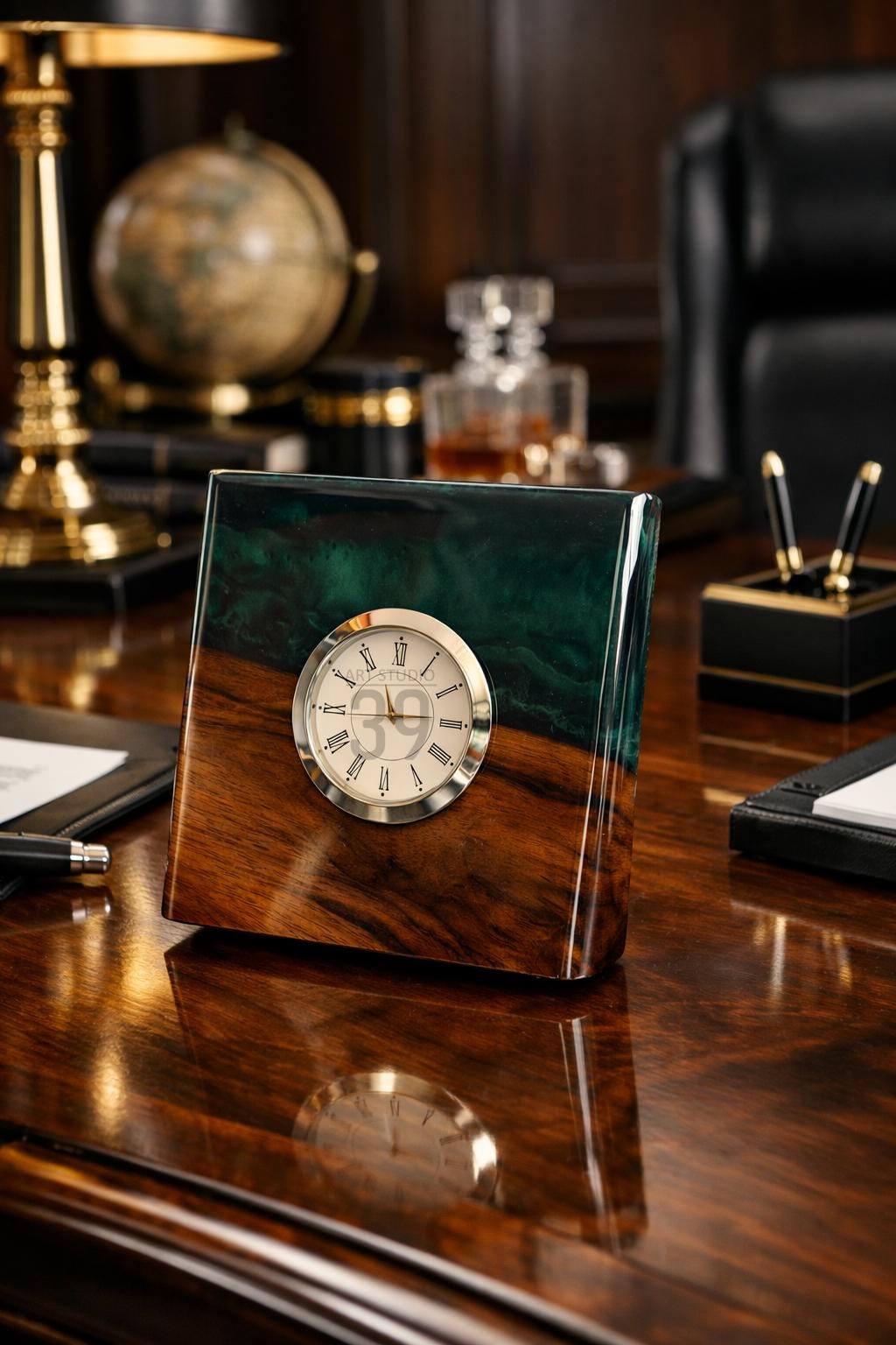 Walnut Resin Desk Clock – Handmade Wooden Table Clock with Silver Quartz Detail