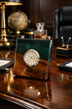 Walnut Resin Desk Clock – Handmade Wooden Table Clock with Silver Quartz Detail