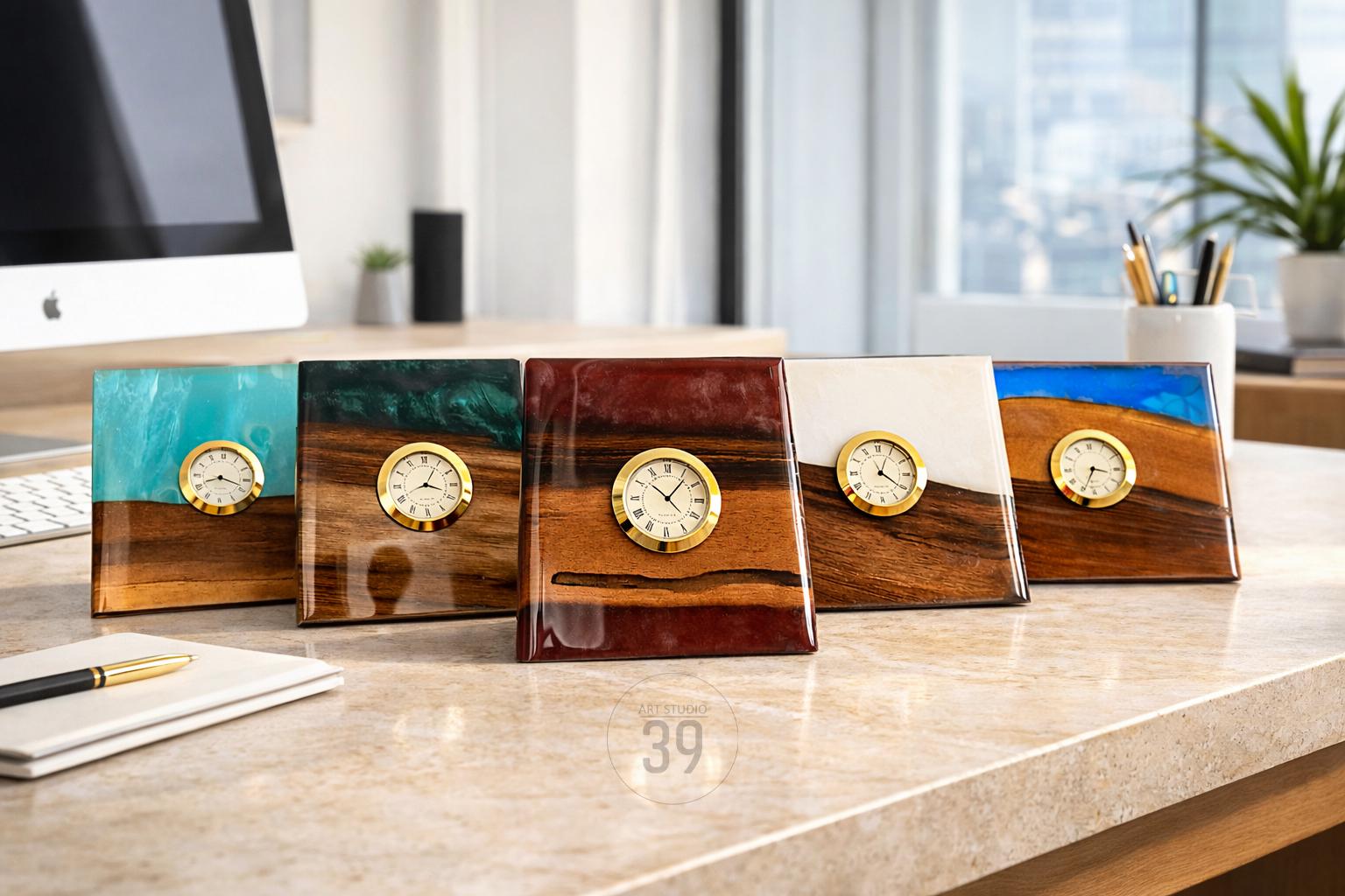 Five decorative desk clocks with gold-tone clock faces. The clocks are square-shaped, with a wooden base and a colorful resin top in shades of teal, green, red, white, and blue. The clocks are arranged on a light-colored surface.