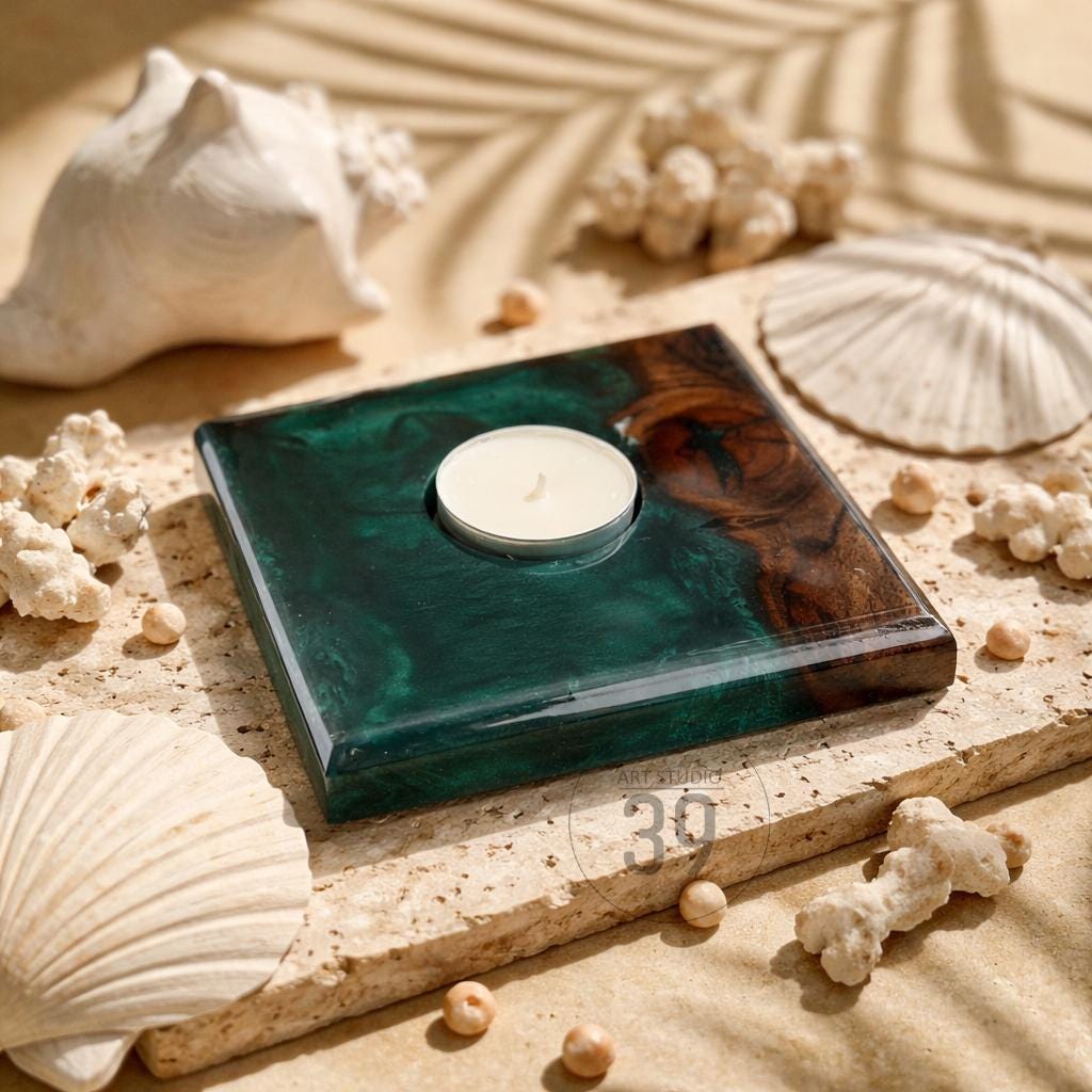 Classic Walnut  Resin Candle Holder – Handmade Tealight Holder – Solid Wood & High Gloss Resin (12x12 cm) Personalized Engraving Option