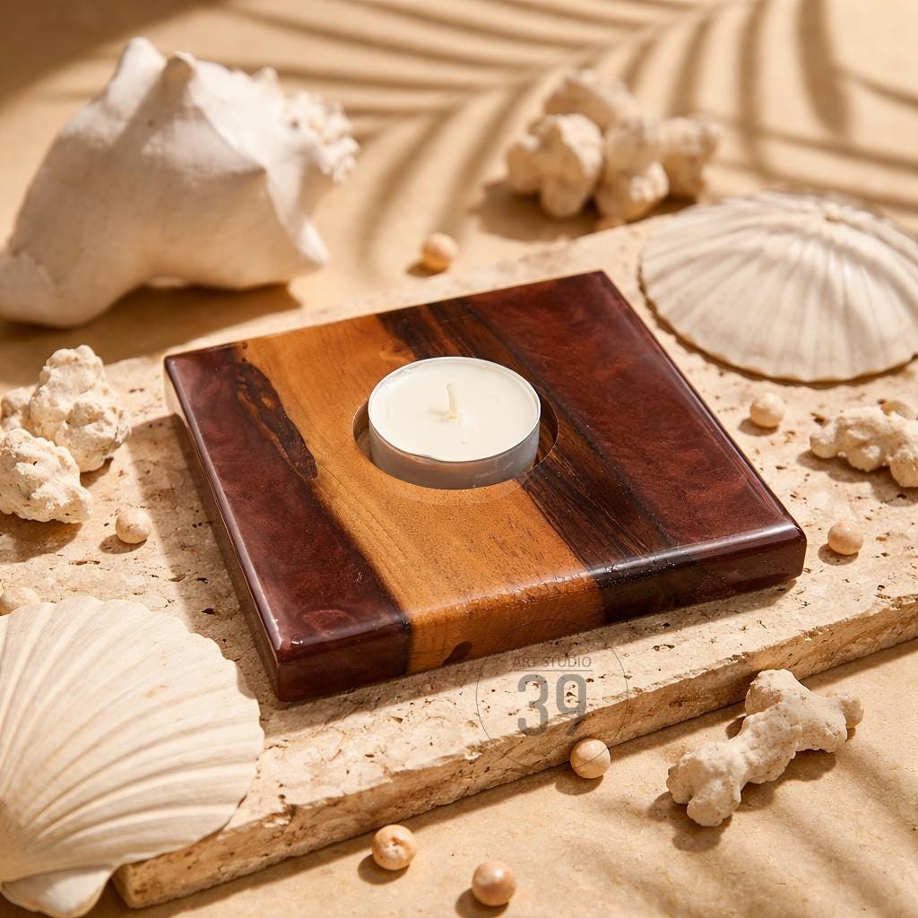 A square wooden candle holder with a dark brown and light brown striped design. A white tea light candle sits in a circular indentation. The holder is surrounded by seashells and small pearls.