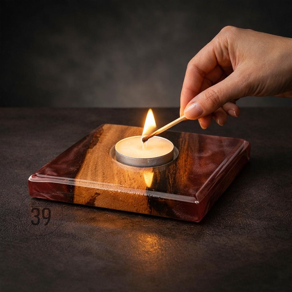 A square candle holder with a tea light candle. The holder is made of wood and resin, with brown and red tones. A hand is lighting the candle with a match. The number "39" is visible in the corner.