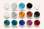A collection of 15 round, colored objects. The colors include clear, gray transparent, blue transparent, black, white, pearlescent white, silver, gold, copper, black, emerald, turquoise, blue, pink, and red. Each color is labeled.