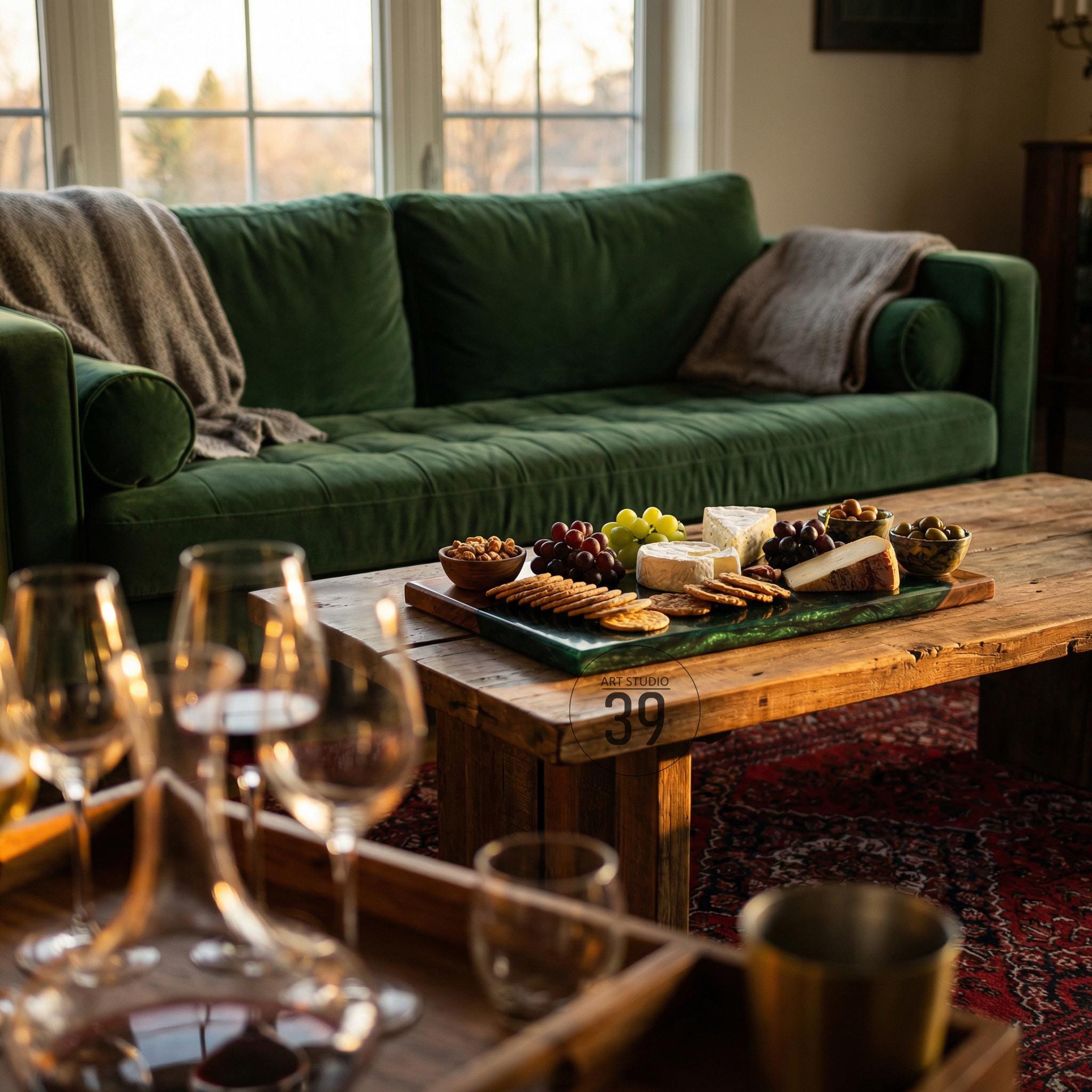 A living room scene featuring a green velvet sofa, a wooden coffee table, and a tray of snacks. The table holds cheese, crackers, grapes, and olives. Wine glasses and a decanter are in the foreground. The table has the number 39 on it.