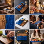 Wooden serving boards with a vibrant blue resin river design. The boards are rectangular, with a natural wood grain on one side and a glossy, ocean-like blue resin on the other. Ideal for serving appetizers and charcuterie.