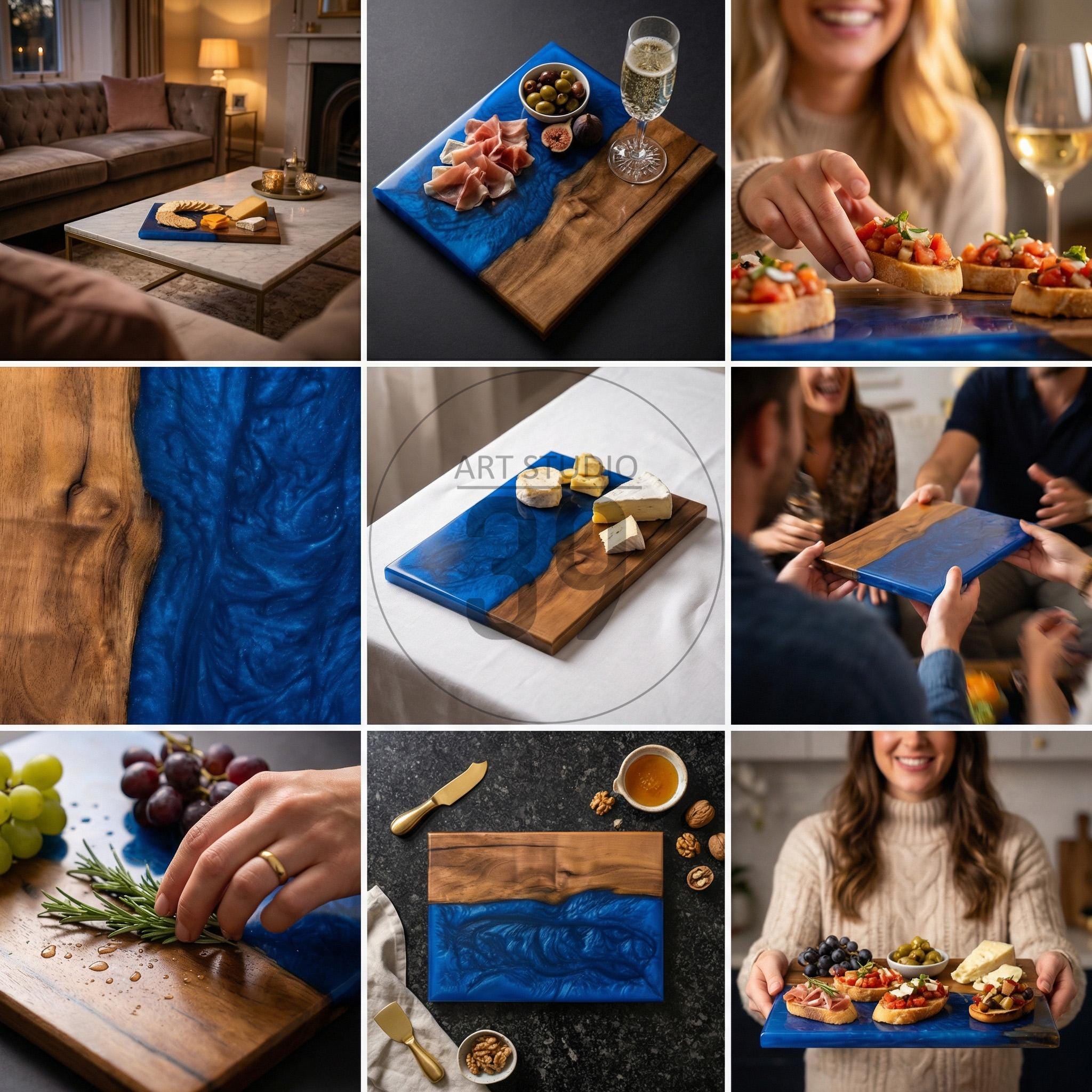 Wooden serving boards with a vibrant blue resin river design. The boards are rectangular, with a natural wood grain on one side and a glossy, ocean-like blue resin on the other. Ideal for serving appetizers and charcuterie.