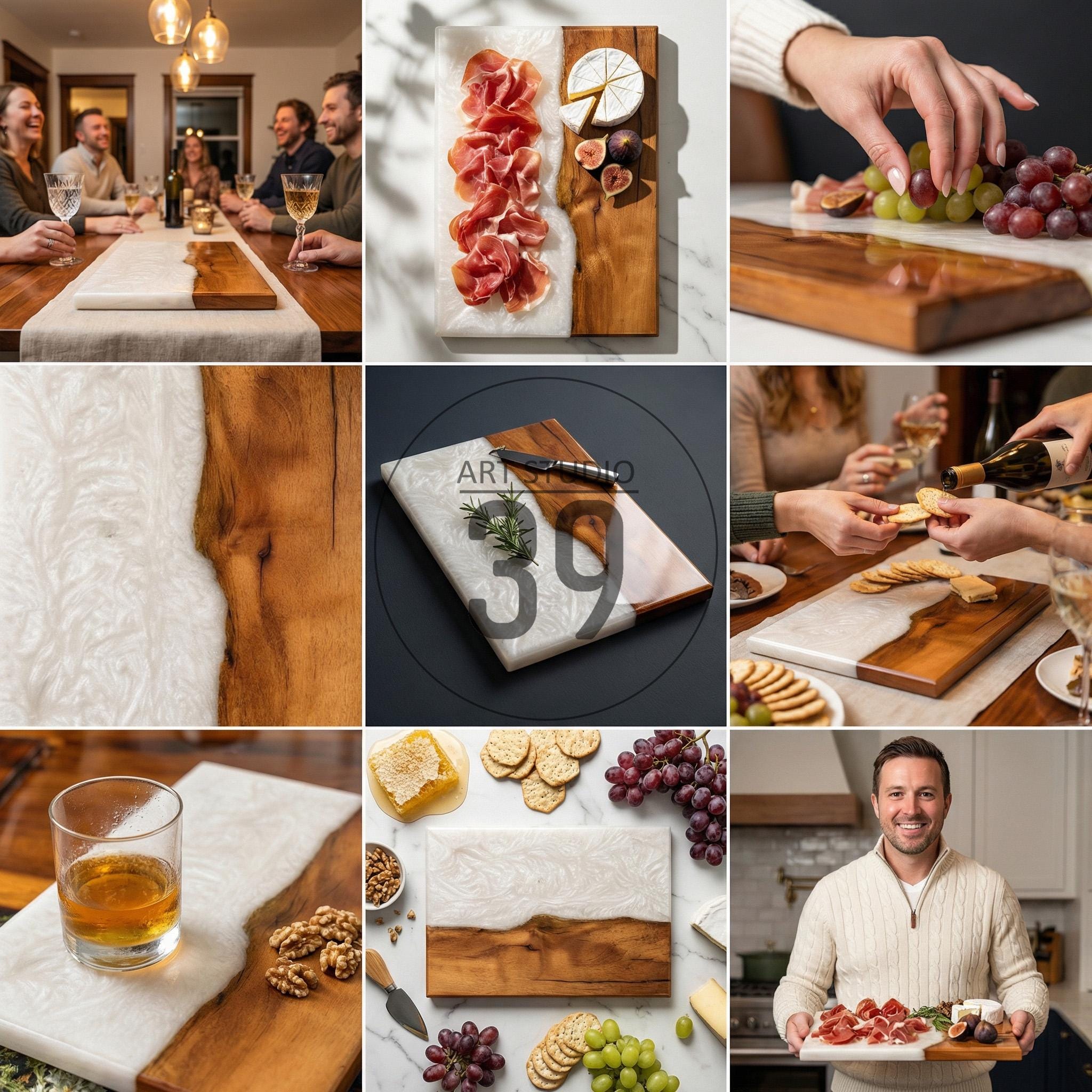 Wooden serving boards with a white resin design. The boards are rectangular and feature a natural wood grain. Some boards are shown with food, including cheese, grapes, and crackers. The boards are ideal for serving appetizers.