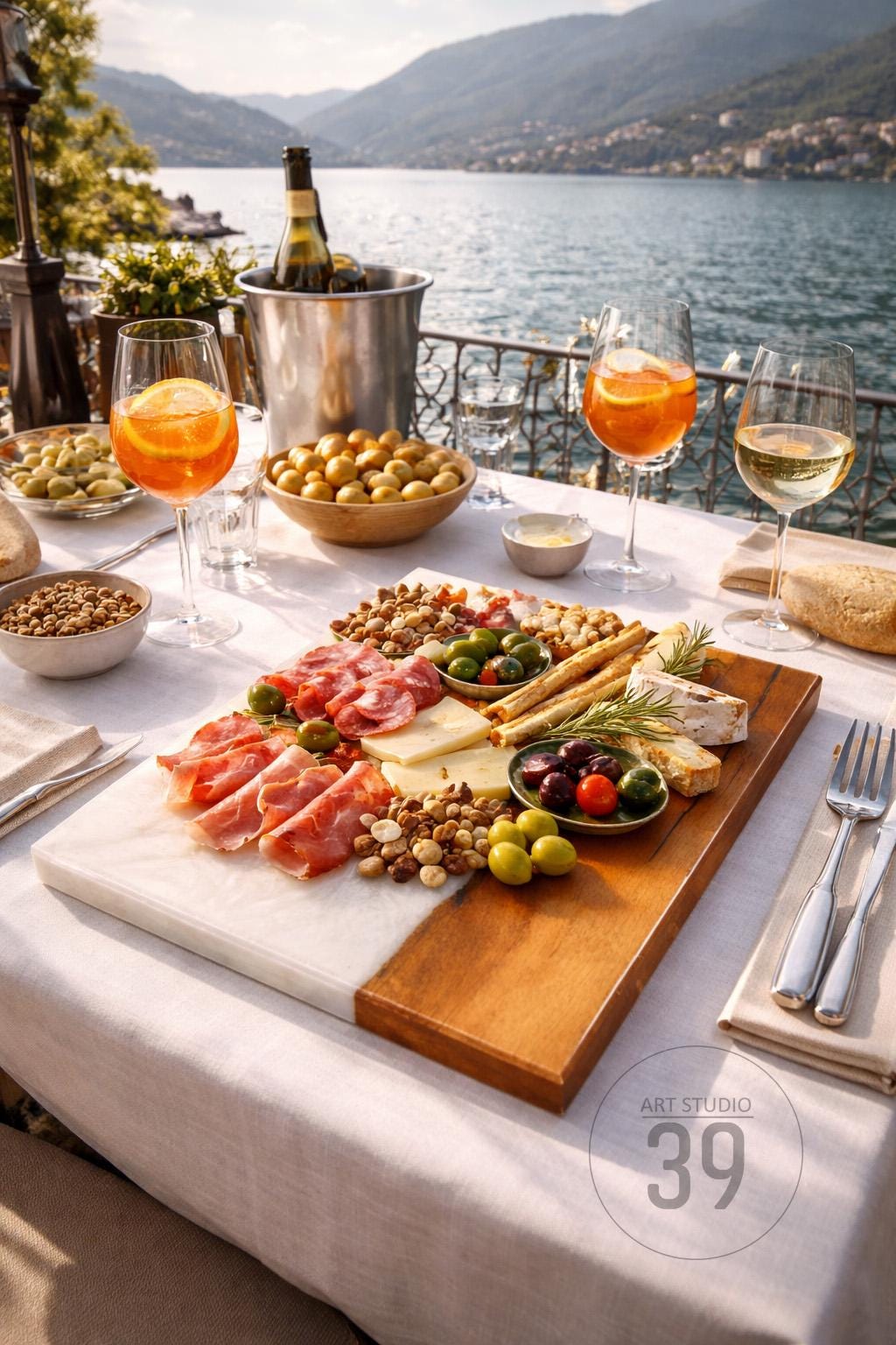 A beautifully arranged charcuterie board with meats, cheeses, olives, and nuts, alongside glasses of Aperol spritz and white wine. The scene is set outdoors with a scenic lake view, creating an inviting atmosphere for dining.