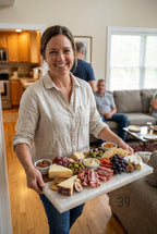A woman carries a marble serving board laden with an assortment of appetizers. The board features cheese, olives, grapes, crackers, and cured meats. The image is taken indoors, with a kitchen and living room visible in the background.