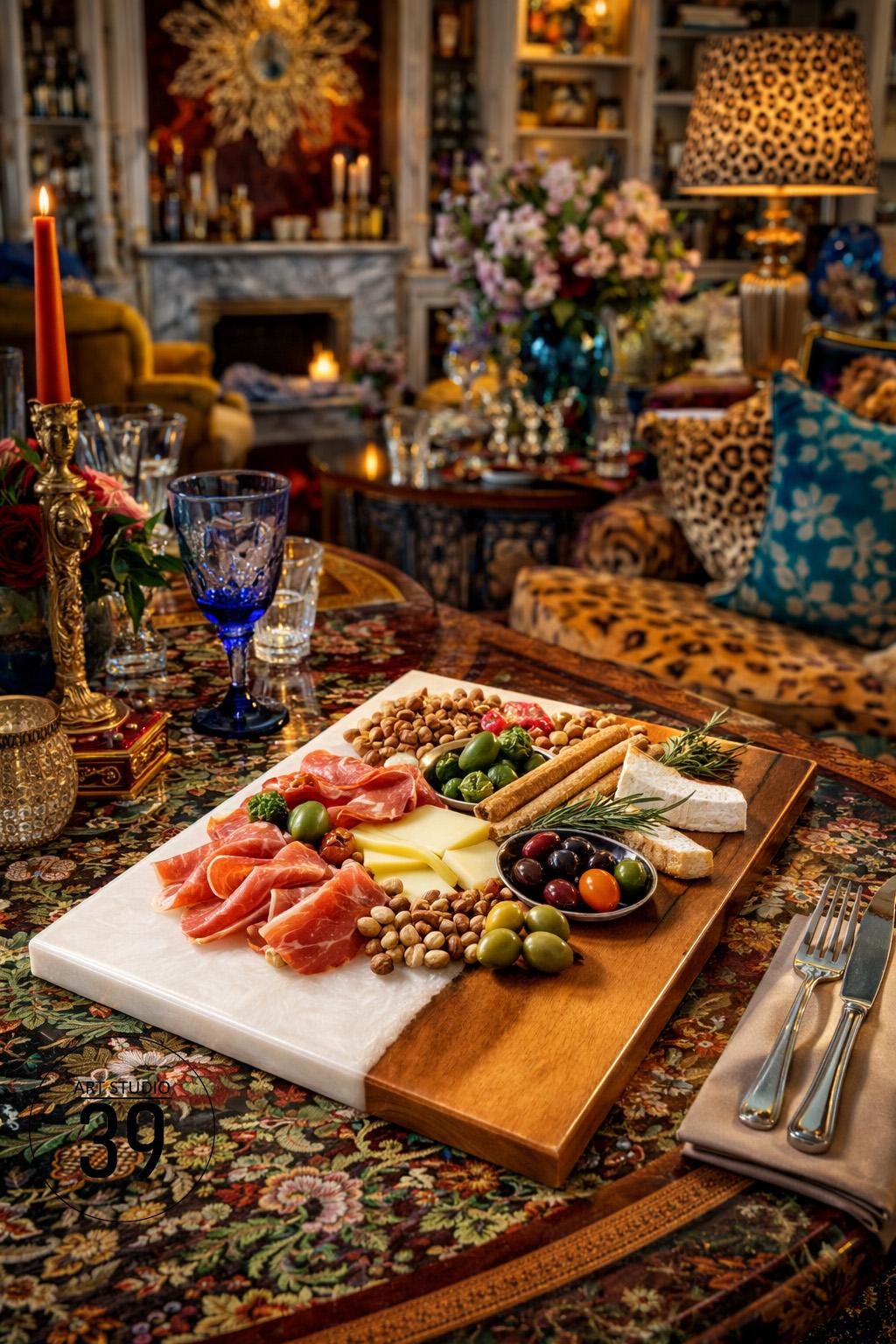 A charcuterie board with a white marble and wood design, laden with prosciutto, cheese, olives, nuts, and breadsticks. A blue glass and a lit candle are also on the table. The setting is a richly decorated room.