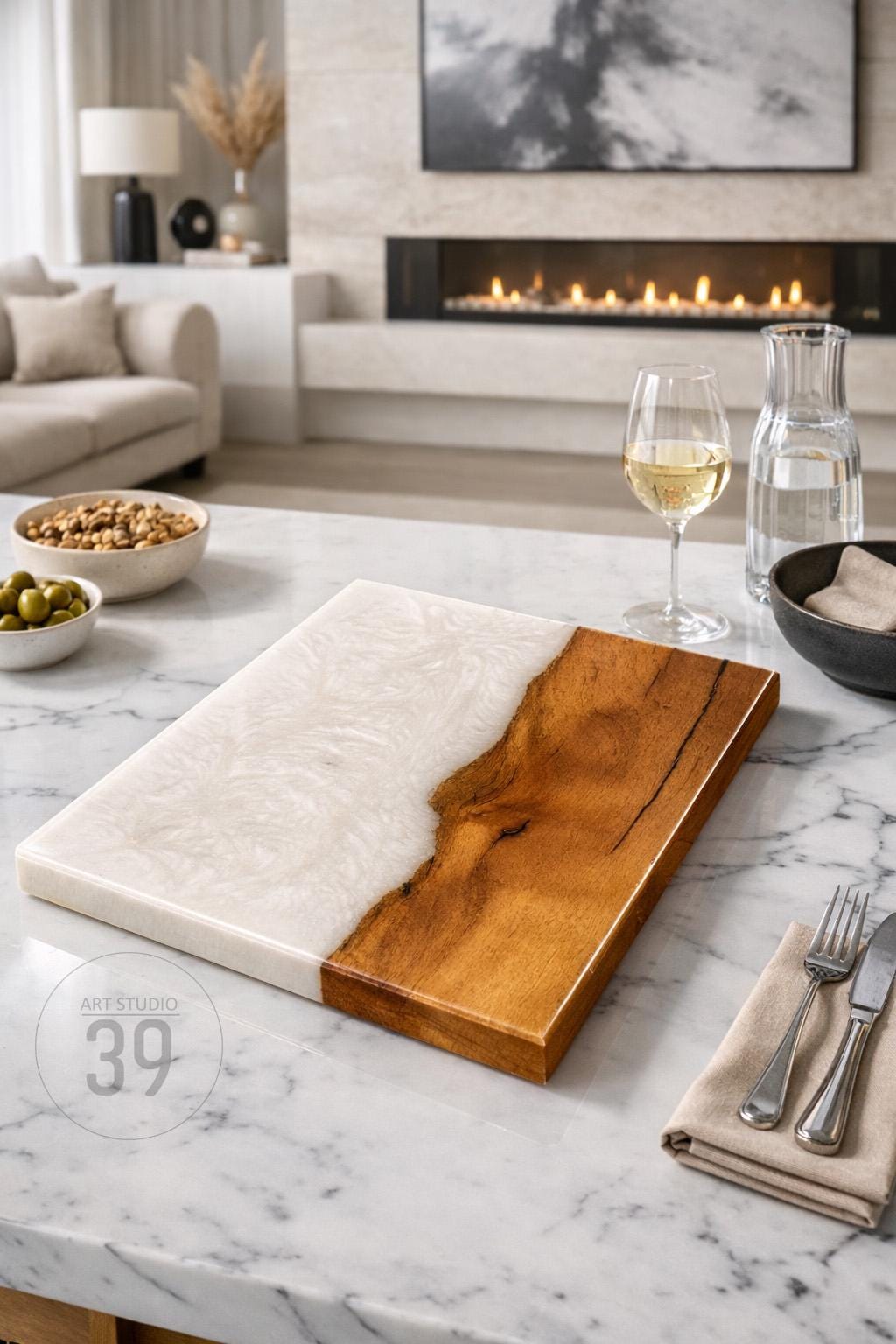 A rectangular serving board with a white resin top and a natural wood base. The board has a smooth, polished finish and is ideal for serving appetizers or charcuterie. The text "ART STUDIO 39" is visible.