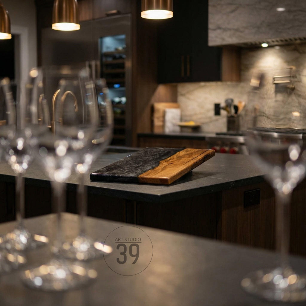 A two-toned wooden cutting board with a black and brown finish rests on a dark countertop. The board is in a kitchen setting, with wine glasses in the foreground and overhead lighting.