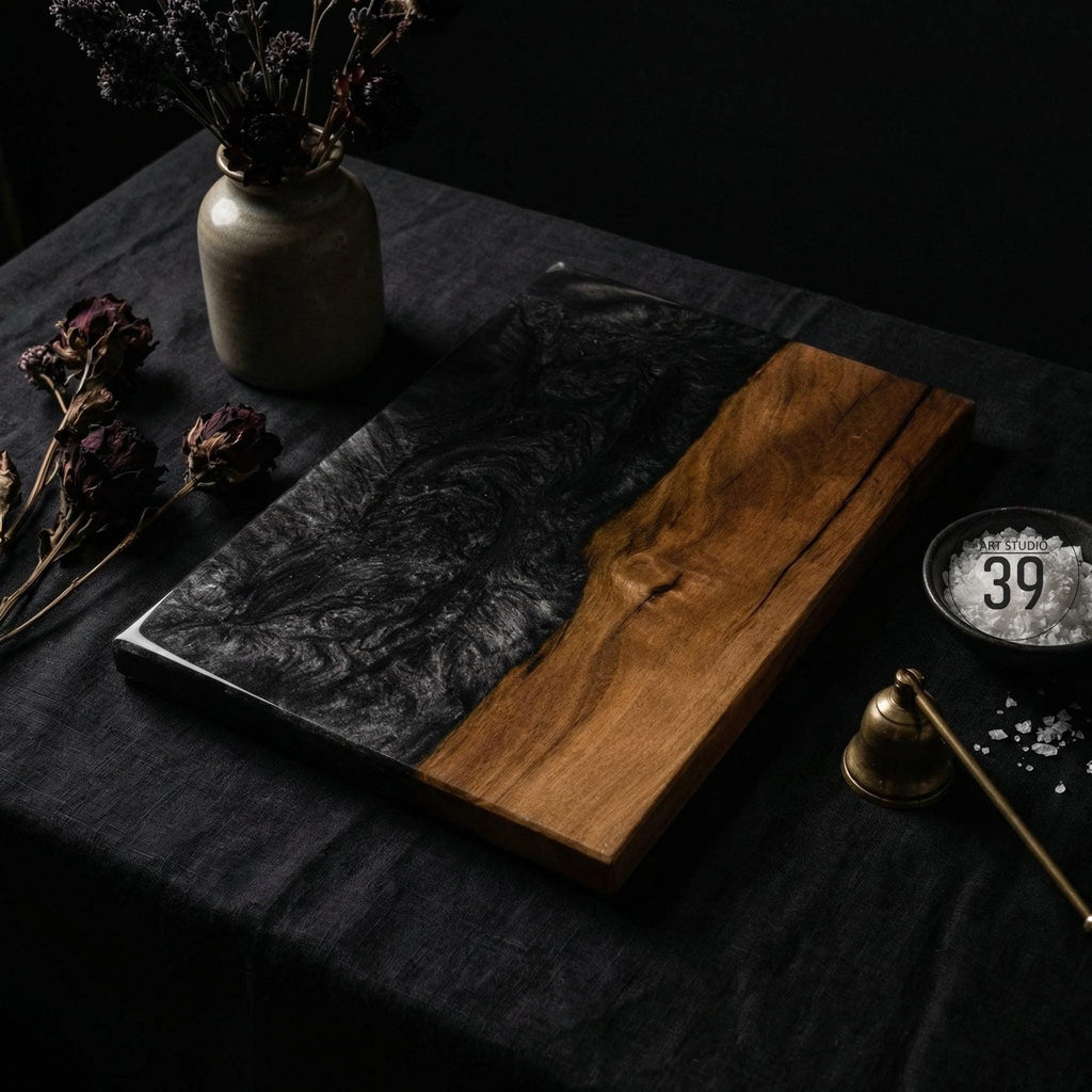 A rectangular wooden serving board with a black resin design on one side and natural wood grain on the other. The board is on a dark surface, with a small bell and a dish with the number 39 visible.