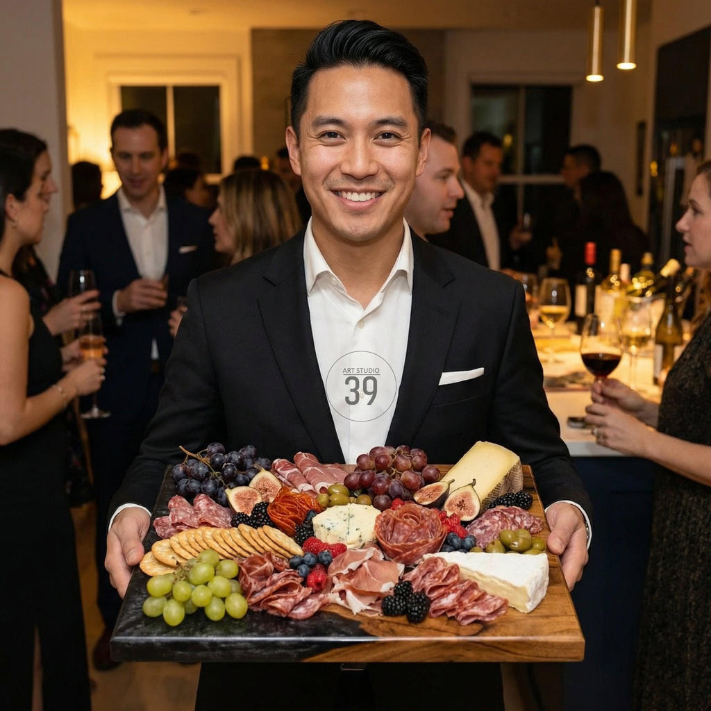 A man in a black suit holds a wooden charcuterie board with an assortment of cheeses, meats, crackers, grapes, figs, and berries. The board has a dark marble-like edge. The man is smiling at the camera. The text "ART STUDIO 39" is on his shirt.