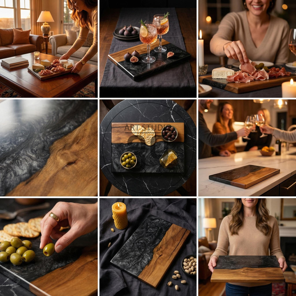 Wooden serving boards with a contrasting black resin design. Some boards feature a marble accent. The boards are used to display food items such as cheese, olives, and crackers. The boards are rectangular and have a natural wood grain.