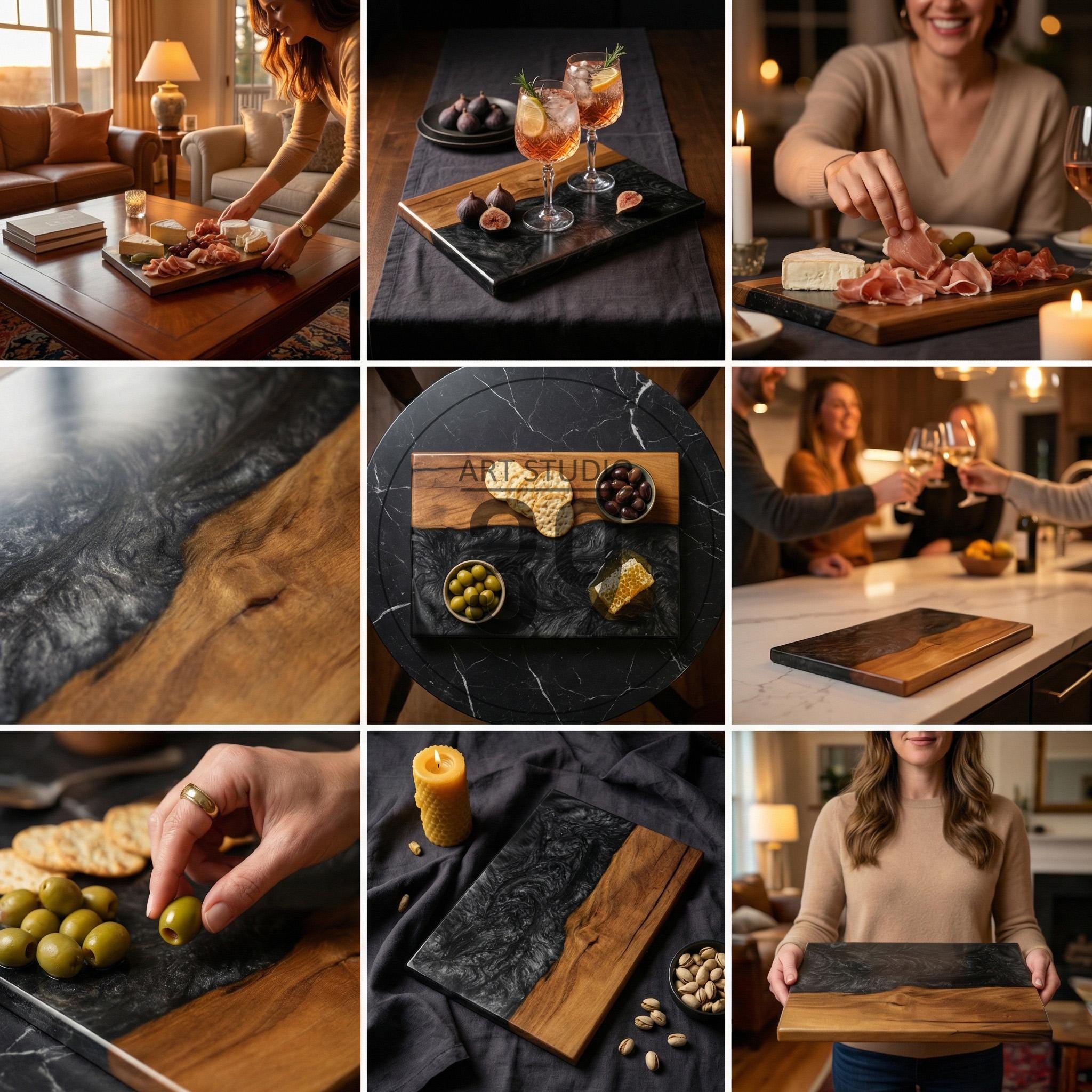 Wooden serving boards with a contrasting black resin design. Some boards feature a marble accent. The boards are used to display food items such as cheese, olives, and crackers. The boards are rectangular and have a natural wood grain.