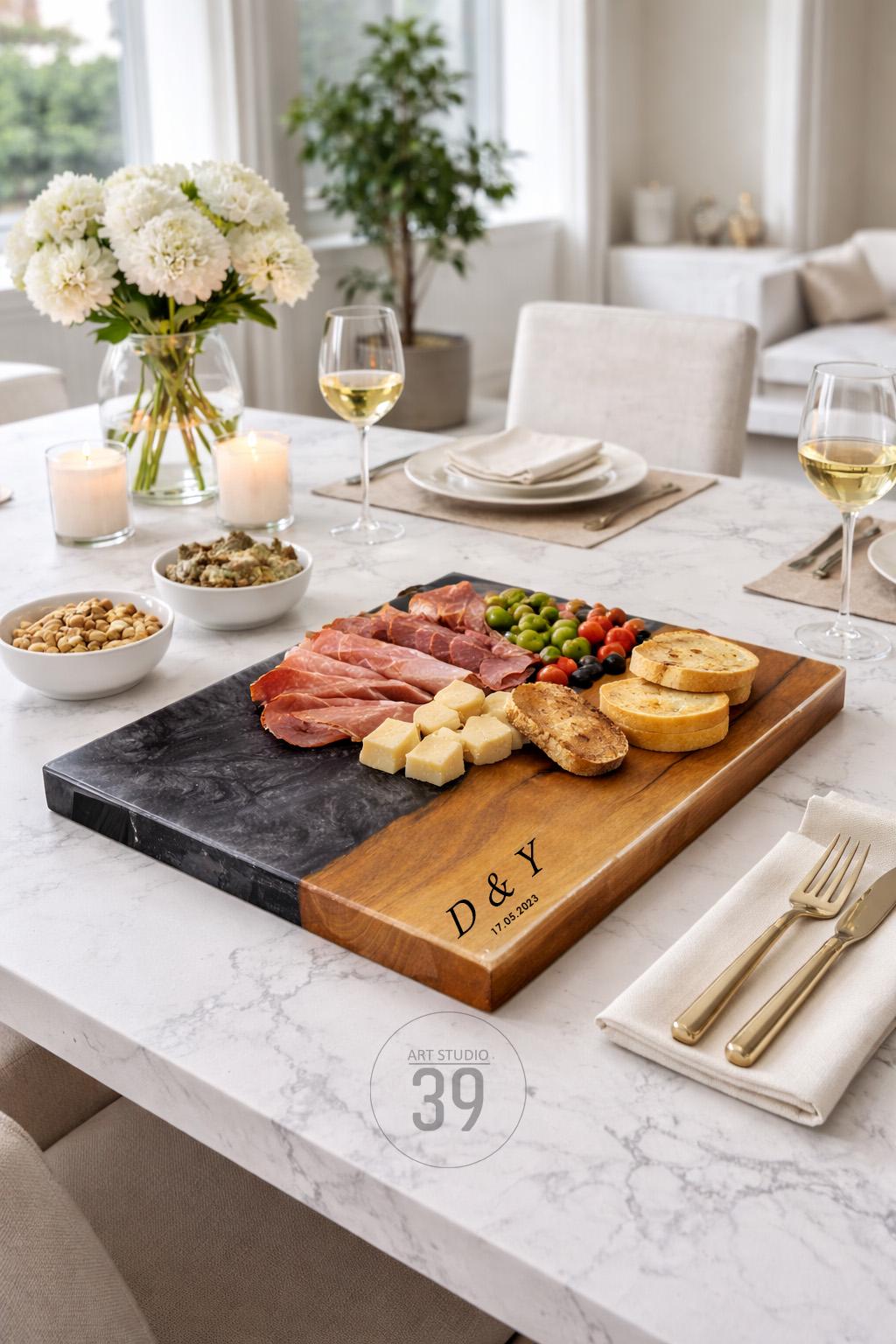A two-toned wooden serving board with a black and gray epoxy resin section. The board is laden with charcuterie, including sliced meats, cheeses, olives, and bread. The board is engraved with the initials "D &amp; Y" and the date "17.05.2023".