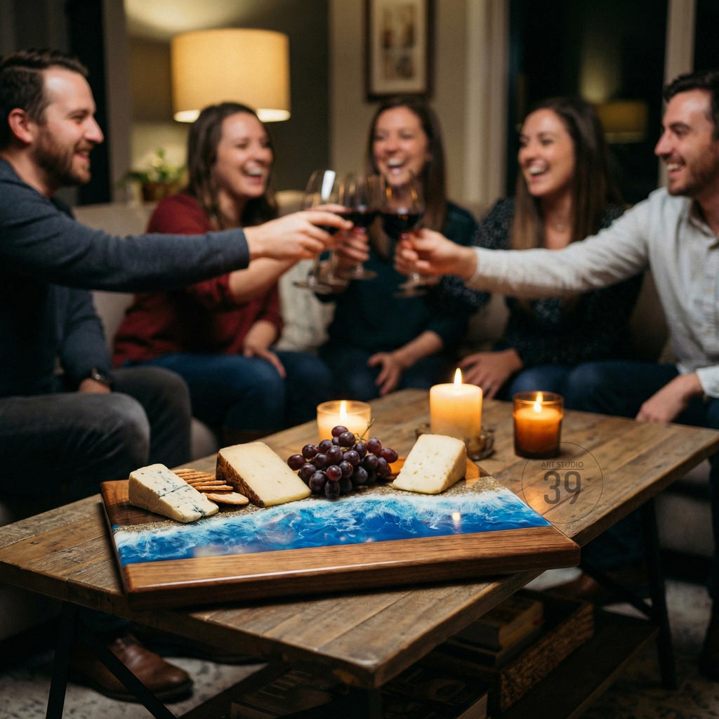 A wooden serving board with a blue and white resin wave design, holding cheese, crackers, and grapes. The board is on a rustic wooden table with lit candles. People are toasting with wine glasses in the background.