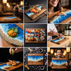 Wooden sushi serving boards with a blue resin ocean design and sand-colored accents. The boards are rectangular and feature various sushi arrangements, including nigiri, sashimi, and rolls. Some images show the boards in a restaurant setting.