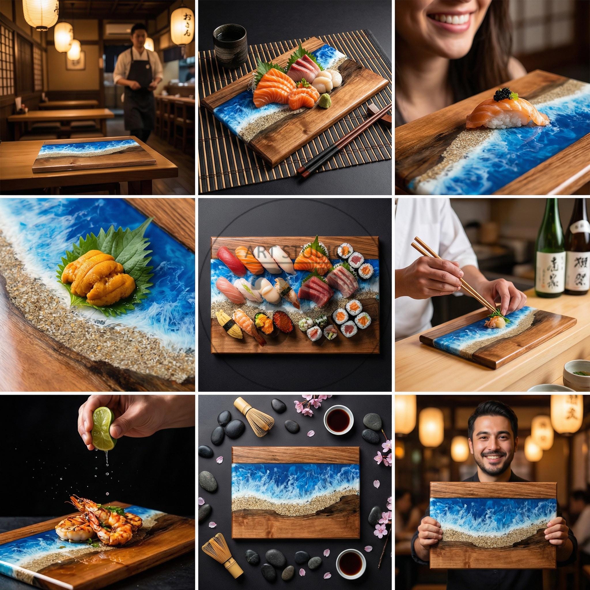 Wooden sushi serving boards with a blue resin ocean design and sand-colored accents. The boards are rectangular and feature various sushi arrangements, including nigiri, sashimi, and rolls. Some images show the boards in a restaurant setting.