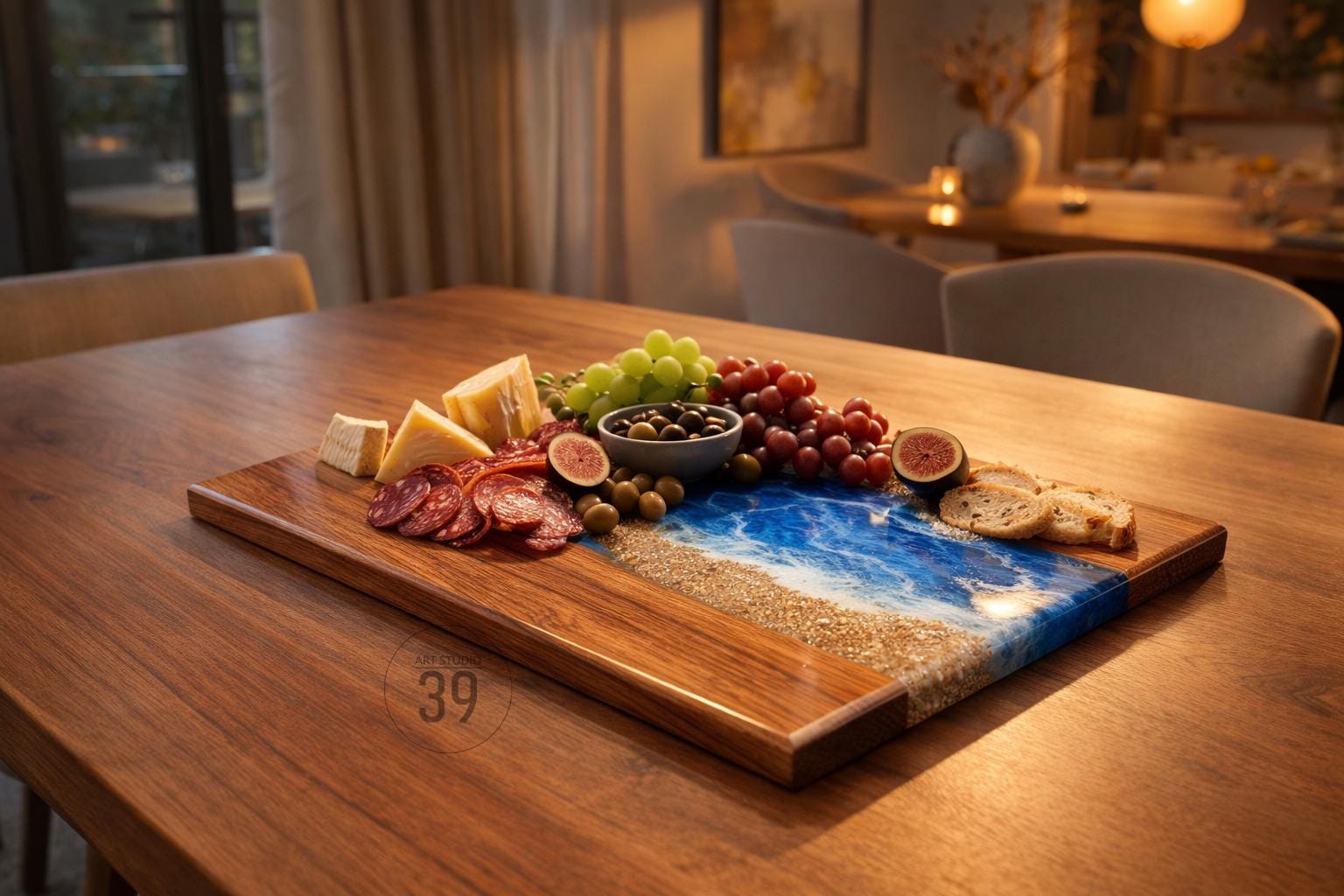 A wooden serving board with a unique resin design resembling a beach scene. The board is laden with an assortment of food items, including cheese, salami, grapes, olives, and figs. The board is set on a wooden table.
