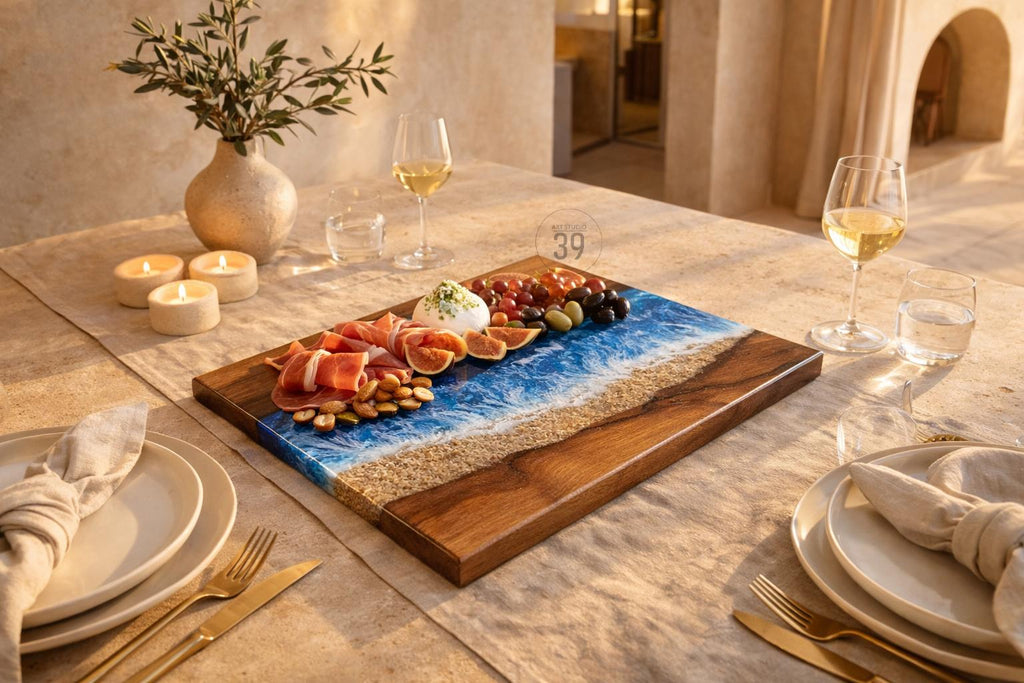 A wooden serving board with a resin design resembling a beach scene, featuring blue waves and a sandy shore. The board is laden with food items like prosciutto, figs, and olives. Wine glasses and candles are also present.