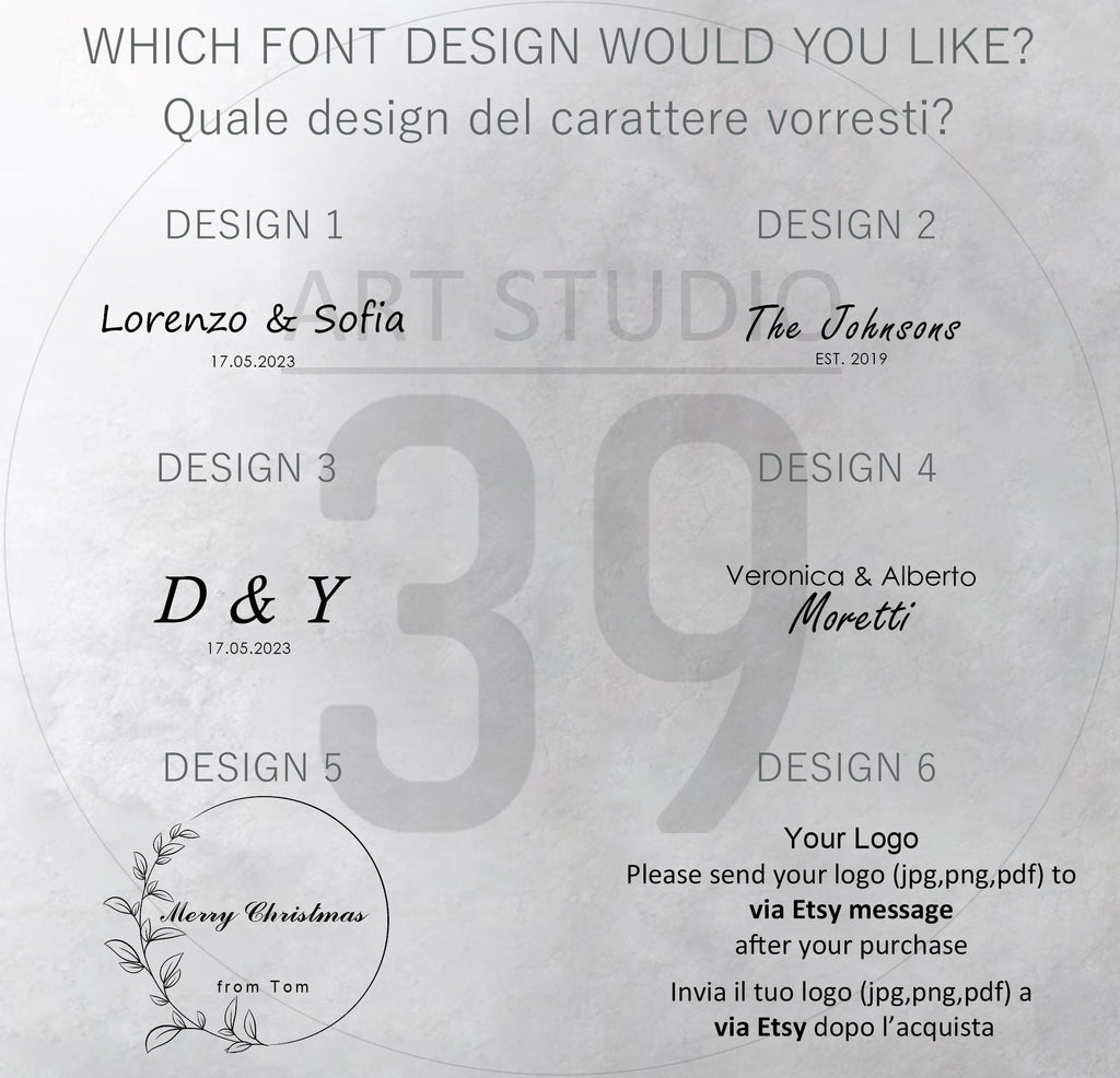 Image showcasing six font design options for personalized text. Designs include names, initials, and a Merry Christmas greeting. The text is displayed in various fonts, with examples of dates and a logo request.