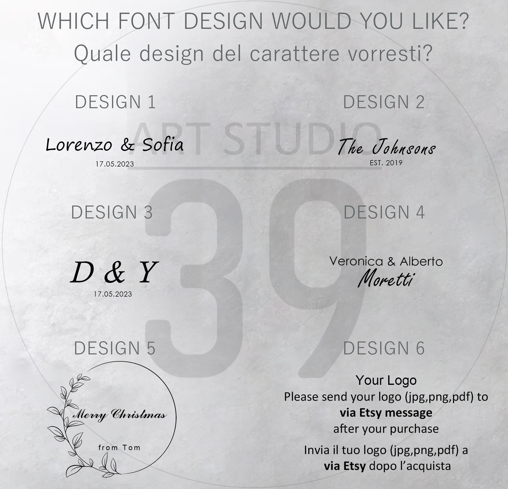 Image showcasing six font design options for personalized text. Designs include names, initials, and a Merry Christmas greeting. The text is displayed in various fonts, with examples of dates and a logo request.