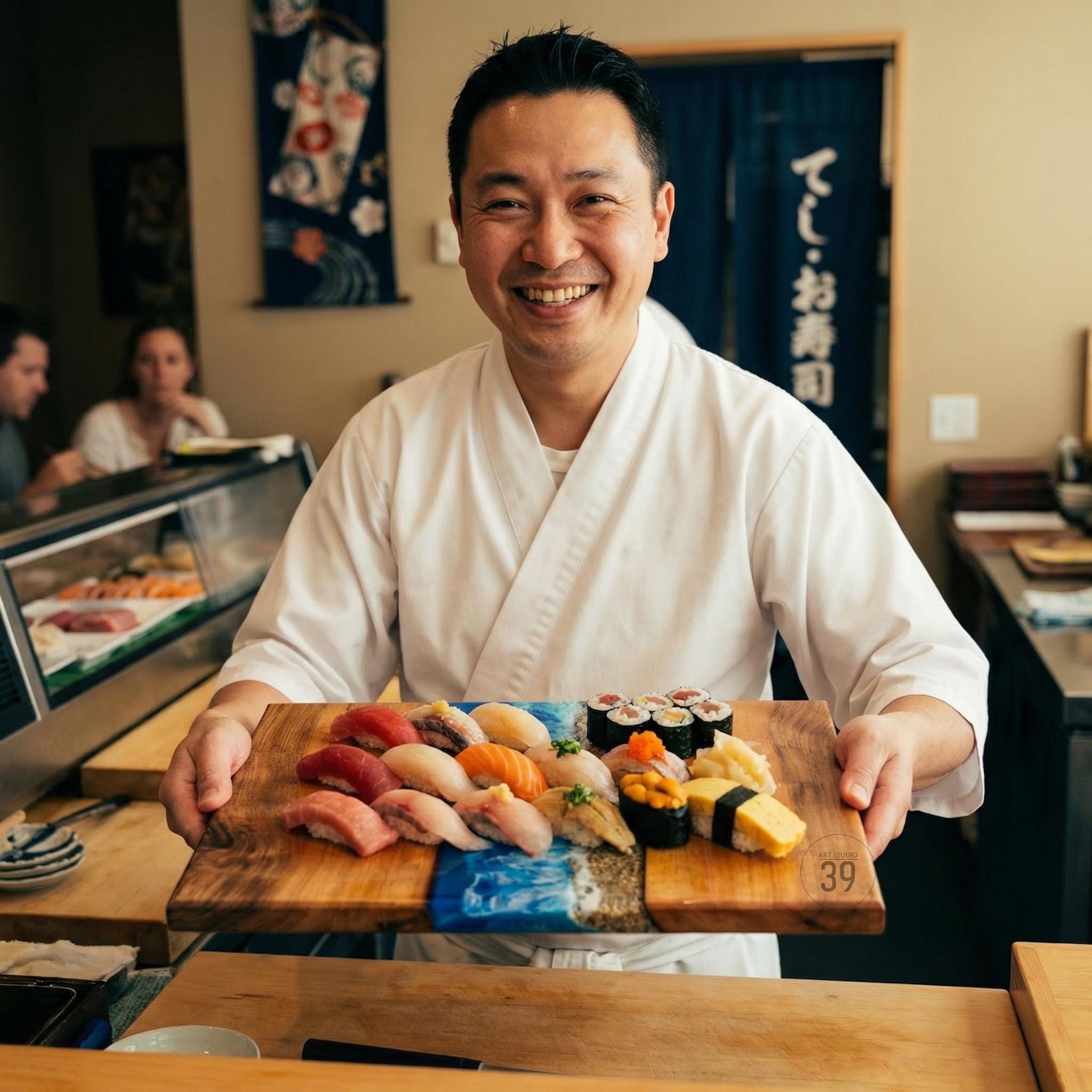 A smiling chef in a white uniform holds a wooden sushi serving board. The board features a blue and white resin design and is laden with various sushi pieces, including nigiri and maki rolls. The number "39" is visible on the board.