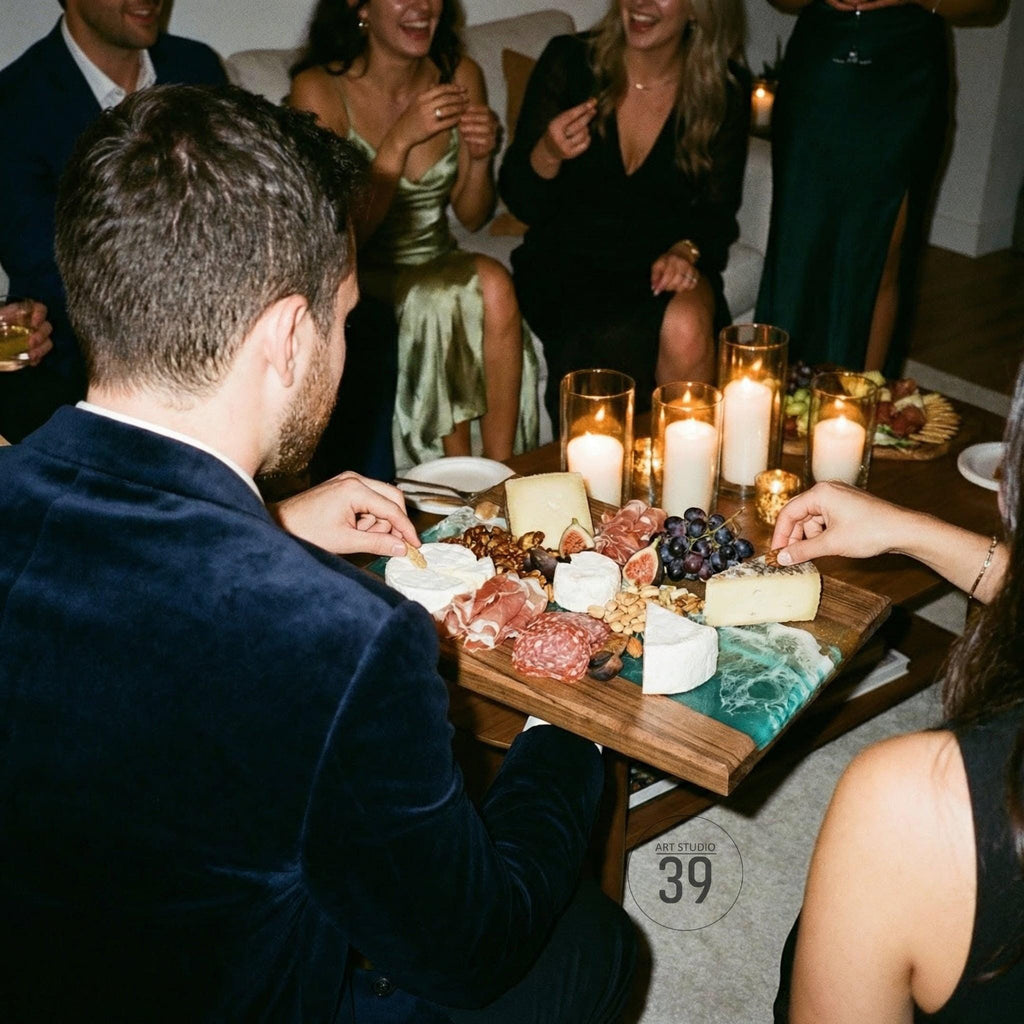 A wooden charcuterie board with cheese, meats, nuts, and fruit. The board has a blue and green resin design. Lit candles and people are in the background. The image is taken at a party.